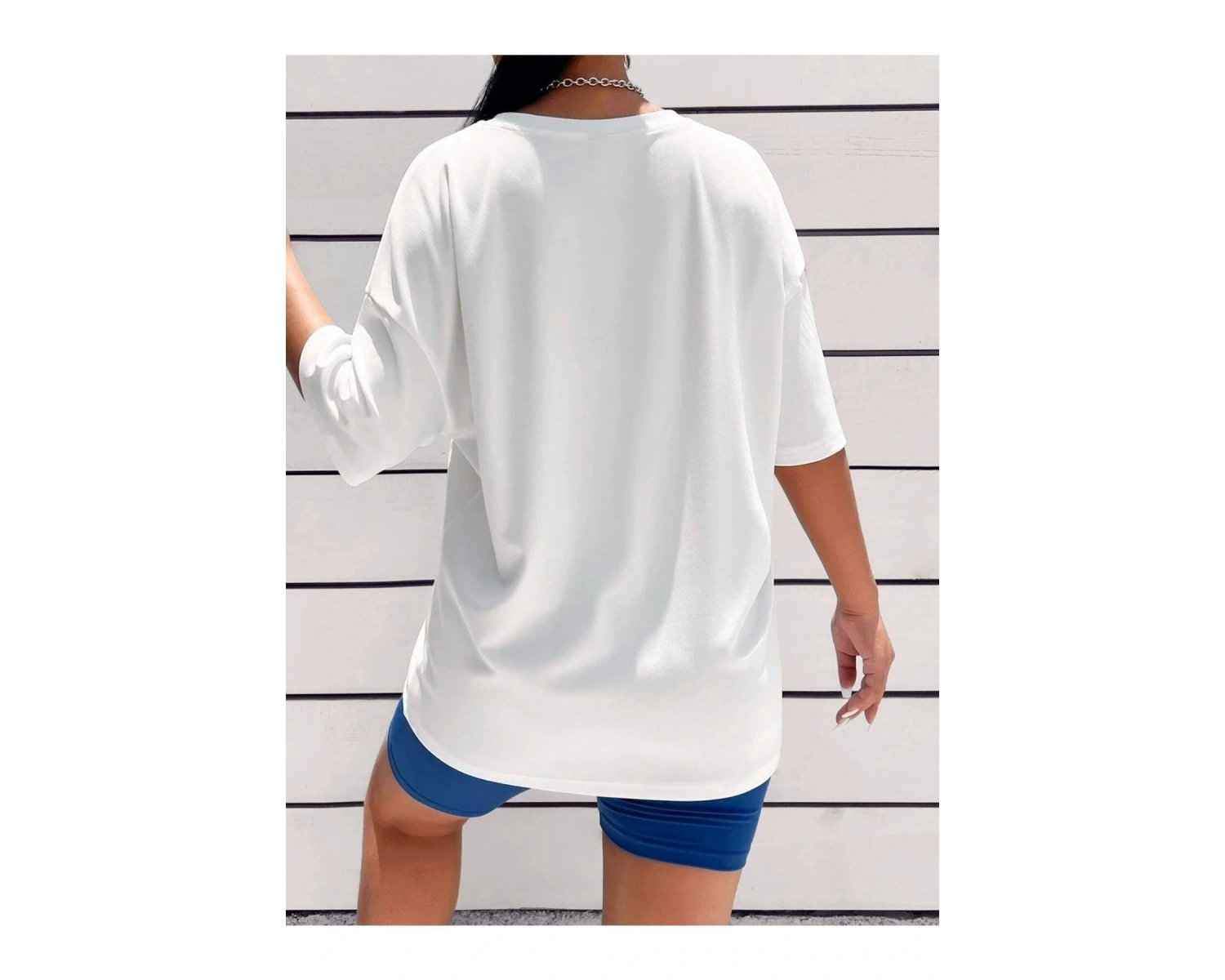 Kadın Beyaz Mavi Calıfornıa Baskılı Bisiklet Yaka Tshirt