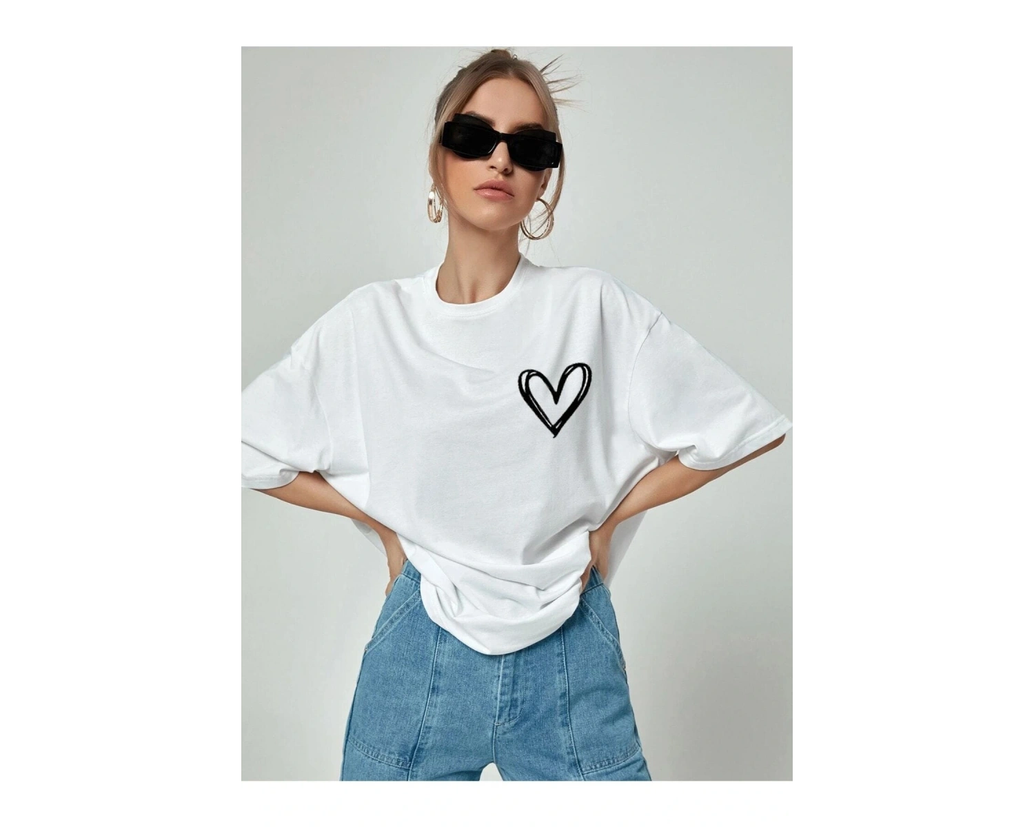 Kadın Beyaz Önü Güneş Baskılı Bisiklet Yaka Oversize Pamuklu T-shirt