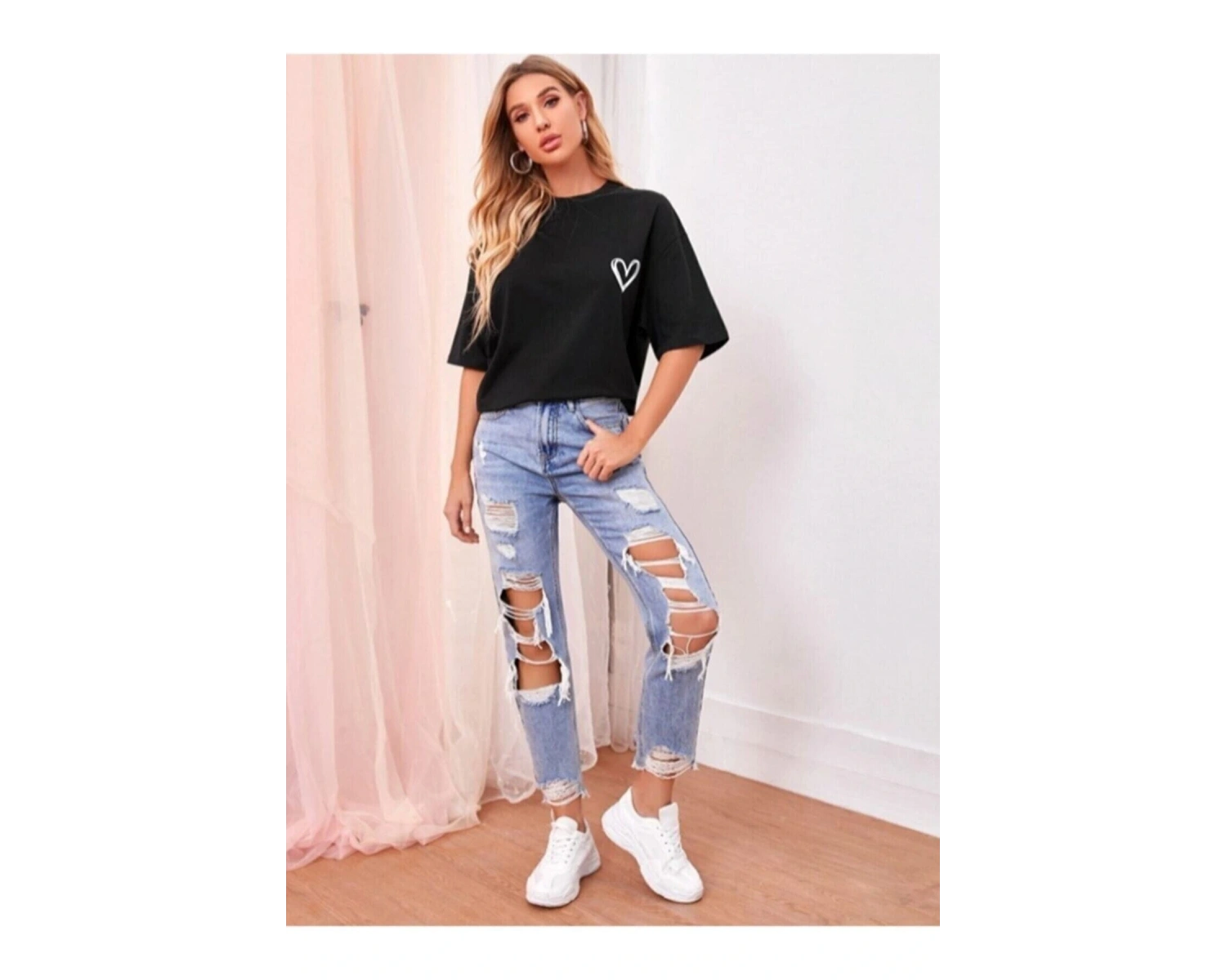 Kadın Beyaz Önü Güneş Baskılı Bisiklet Yaka Oversize Pamuklu T-shirt