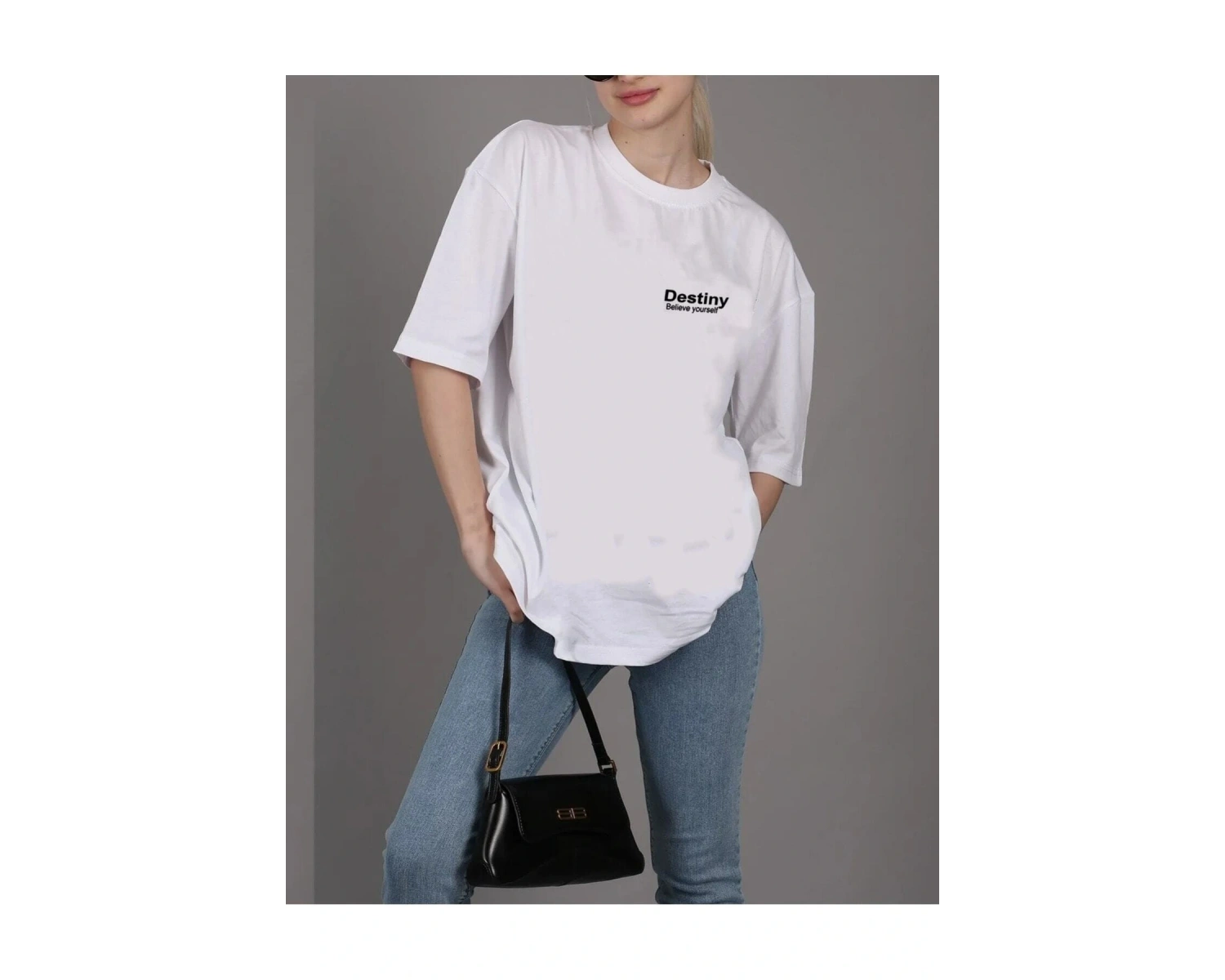 Kadın Beyaz Önü Güneş Baskılı Bisiklet Yaka Oversize Pamuklu T-shirt