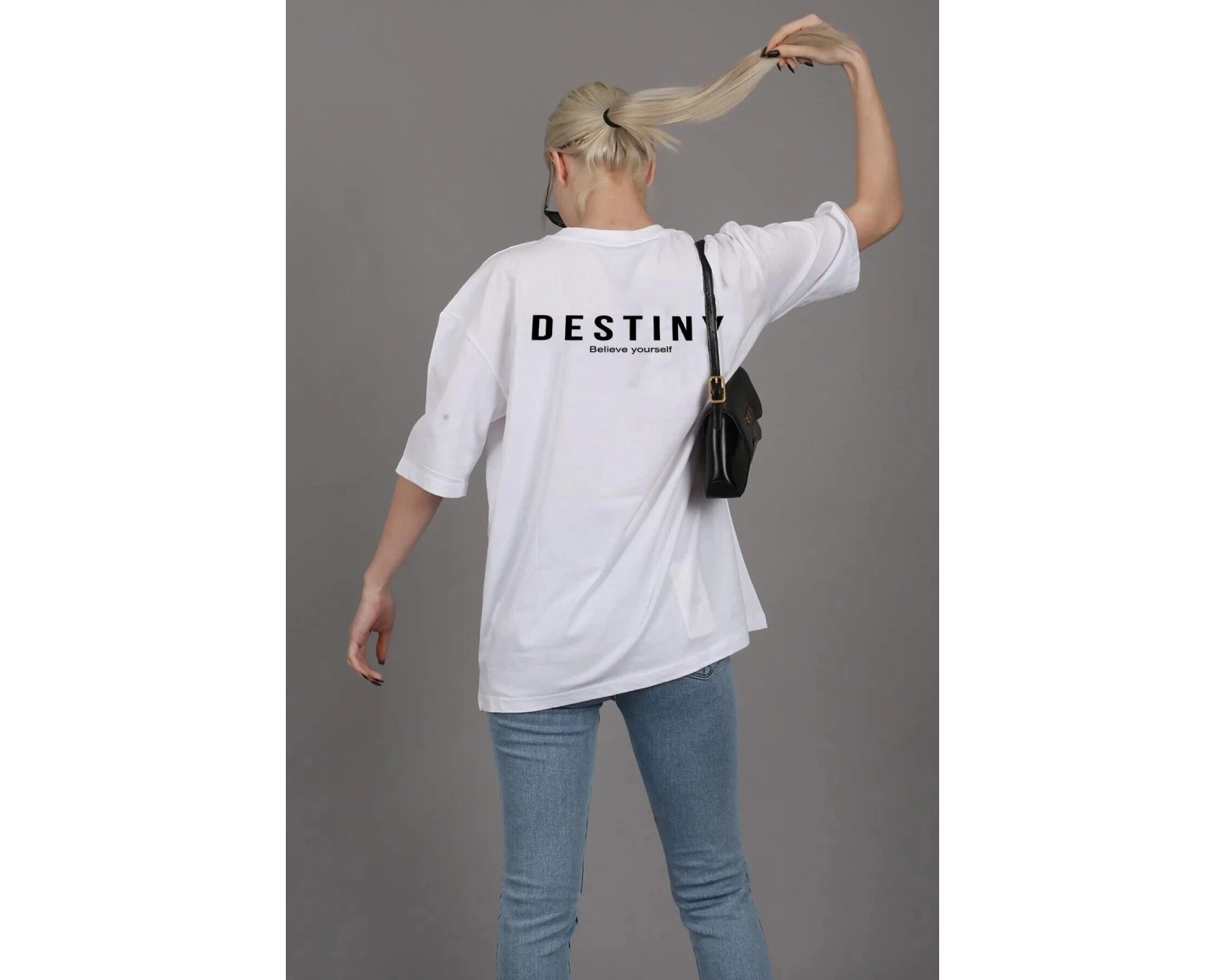 Kadın Beyaz Önü Güneş Baskılı Bisiklet Yaka Oversize Pamuklu T-shirt