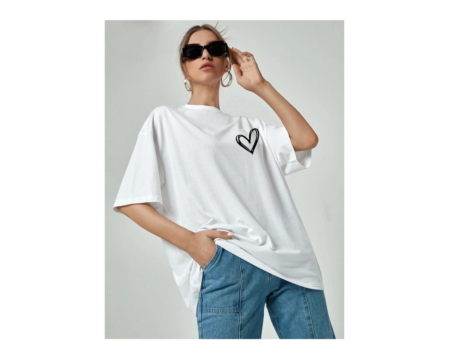 Kadın Beyaz Önü Güneş Baskılı Bisiklet Yaka Oversize Pamuklu T-shirt