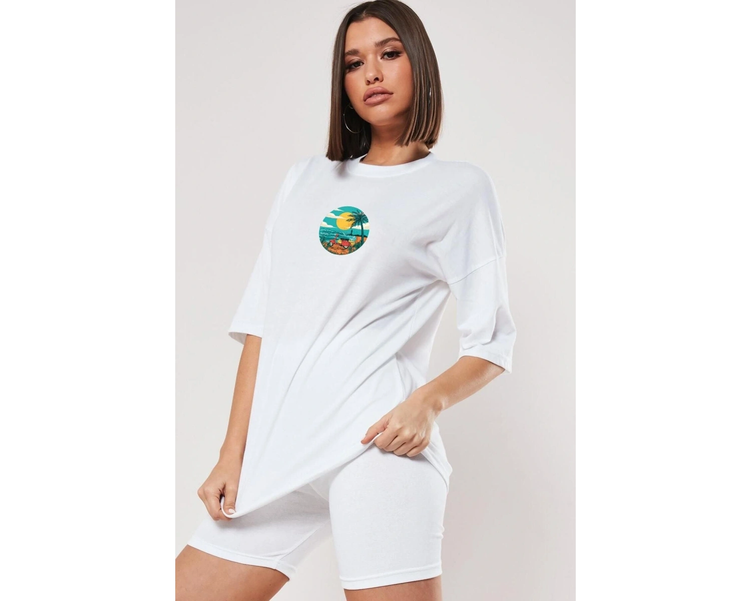 Kadın Beyaz Scooter Baskılı Bisiklet Yaka Oversize Pamuklu T-shirt