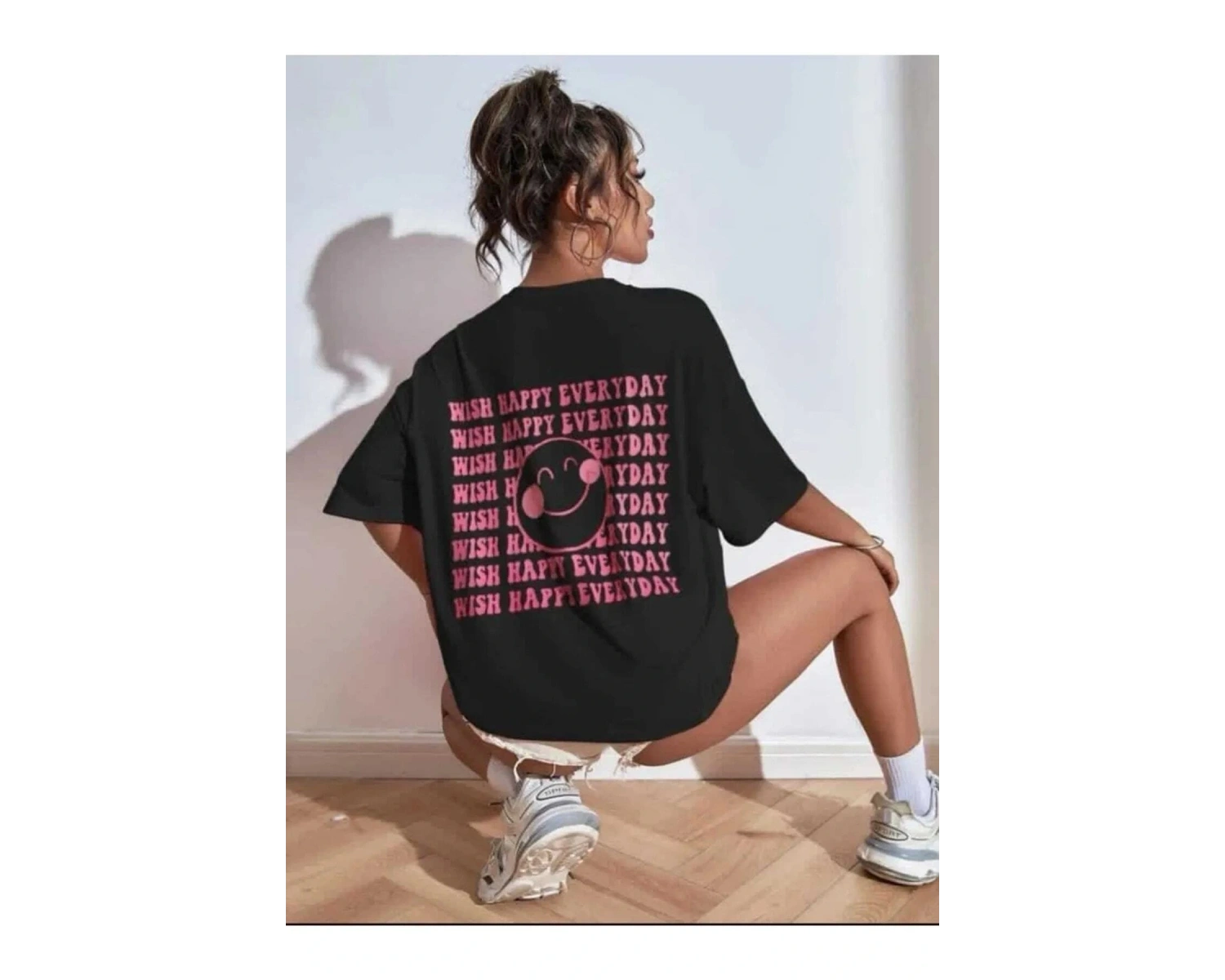 Kadın Beyaz Wish Happy Everyday Baskılı Oversize T-shirt