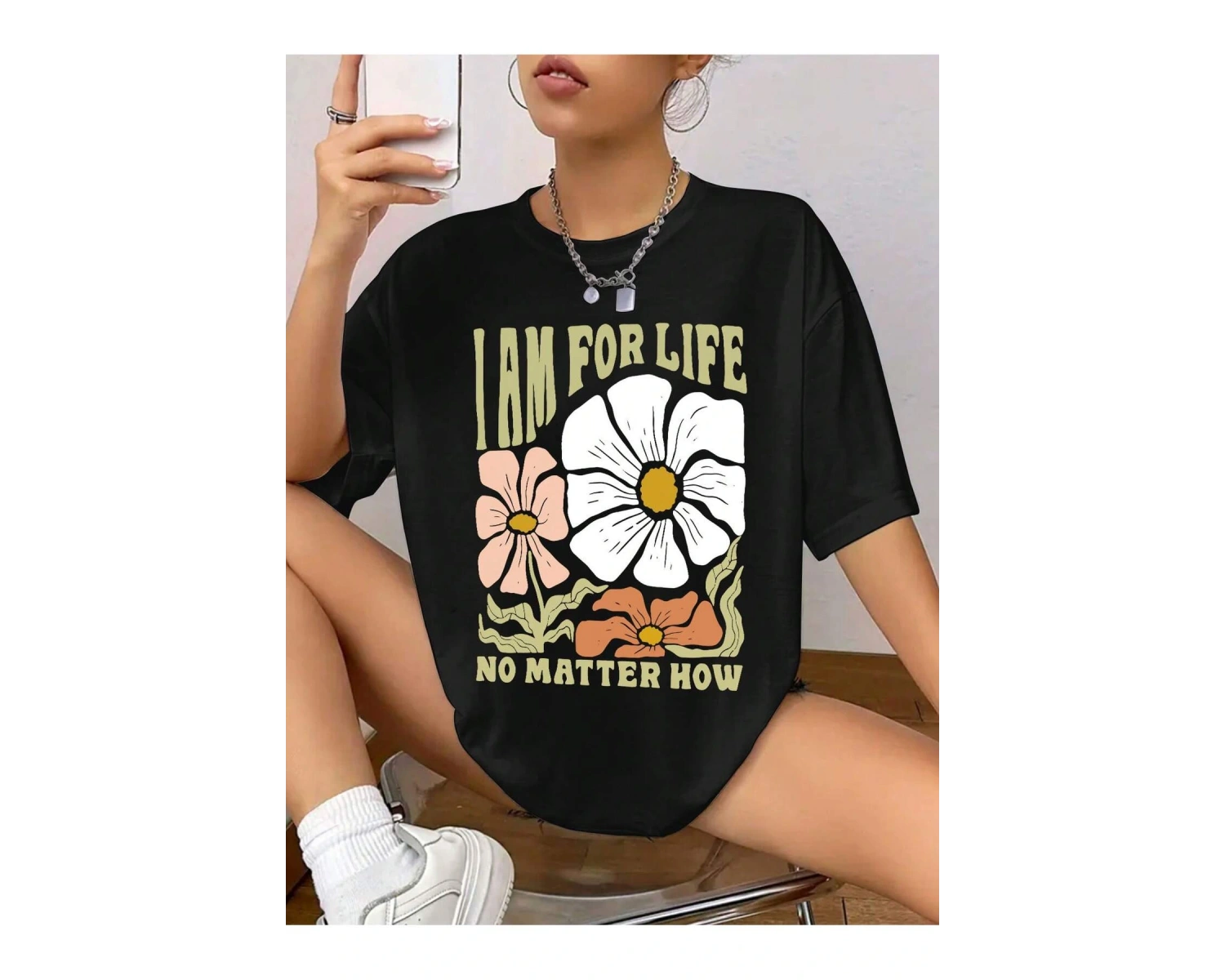 Kadın Çiçek Desenli Bol Kesim Tişört