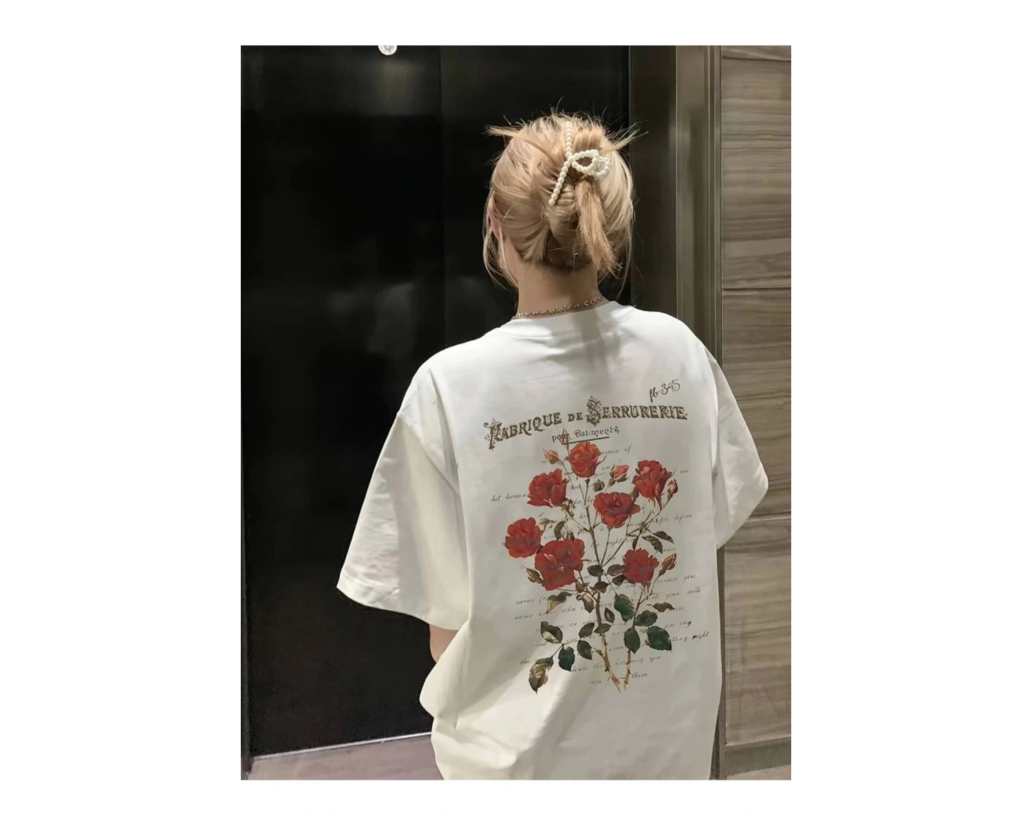 Kadın Çiçekli Baskılı Oversize Kısa Kollu Beyaz Pinterest