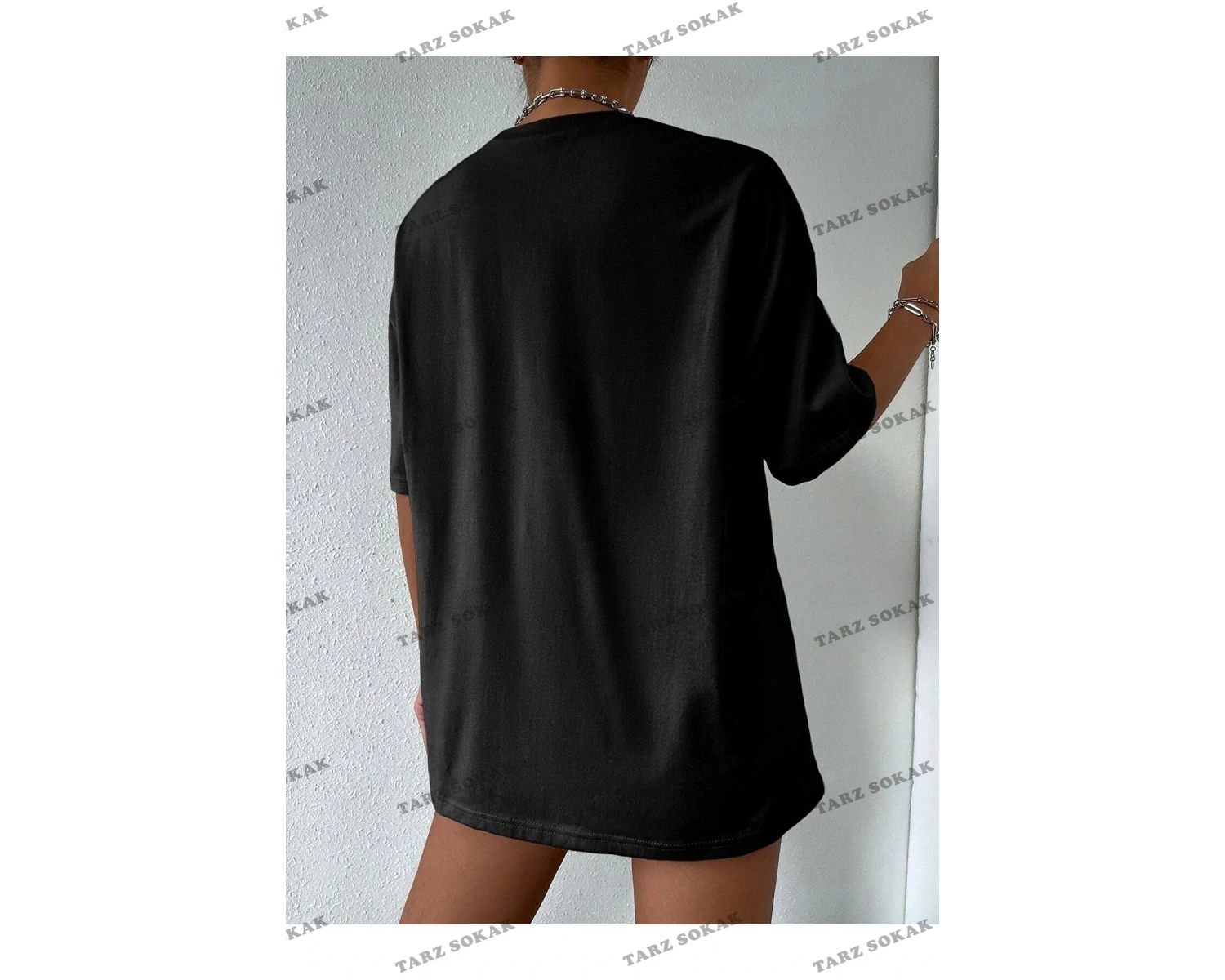 Kadın Çizgili Figür Oversize Siyah