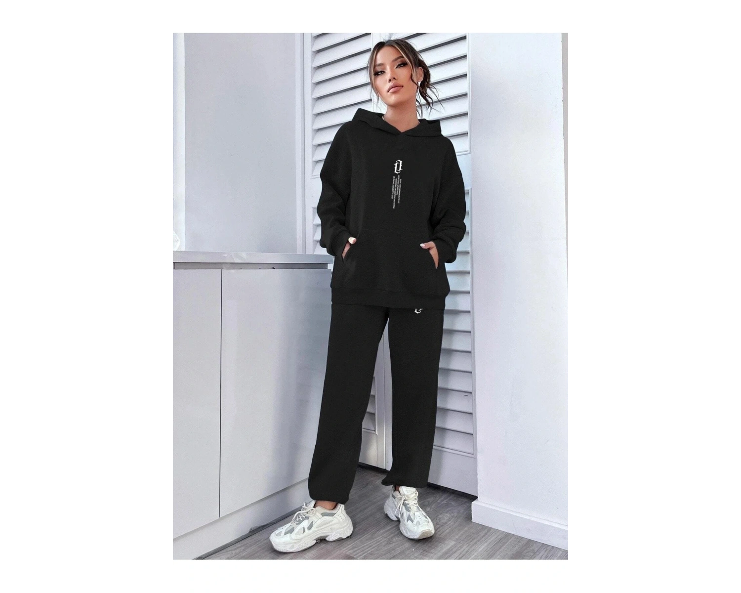 Kadın Dikey Baskılı Sweatshirt Alt Üst Eşofman Takımı Dike-kad-bas