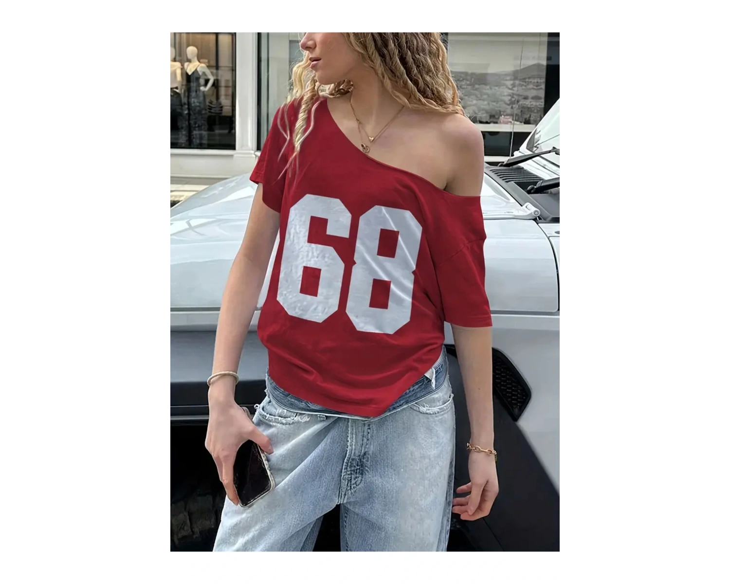 Kadın Düşük Omuz Kayık Yaka 68 Baskılı