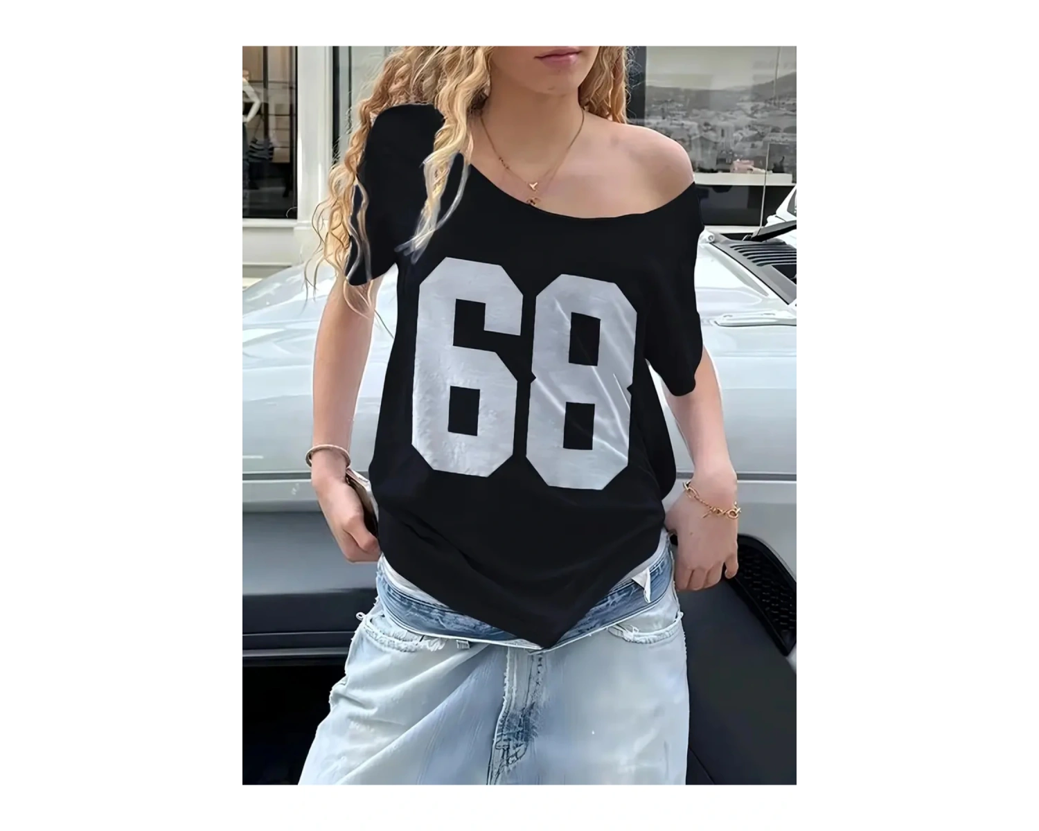 Kadın Düşük Omuz Kayık Yaka 68 Baskılı