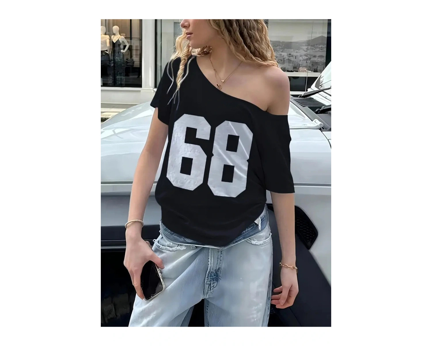 Kadın Düşük Omuz Kayık Yaka 68 Baskılı