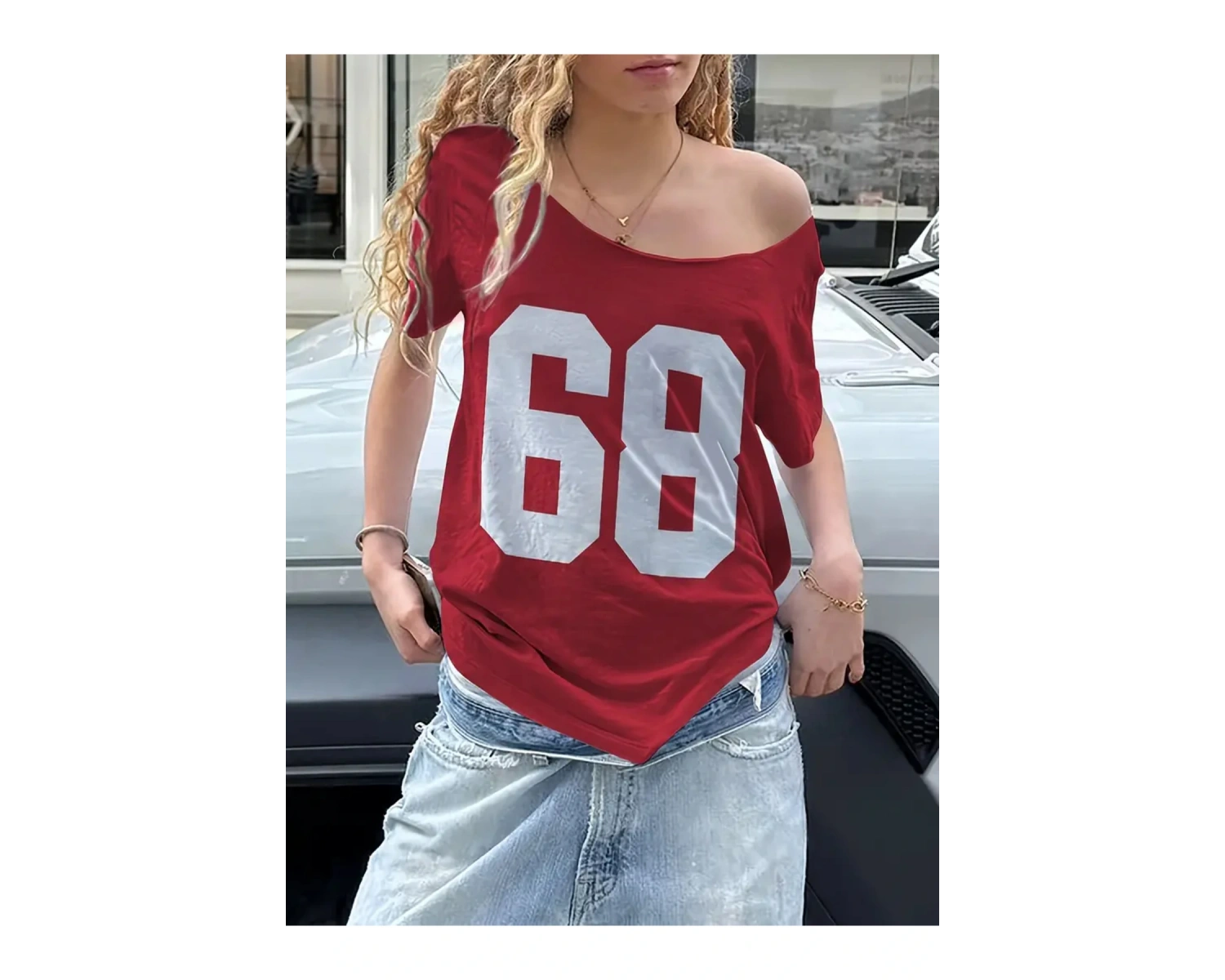 Kadın Düşük Omuz Kayık Yaka 68 Baskılı