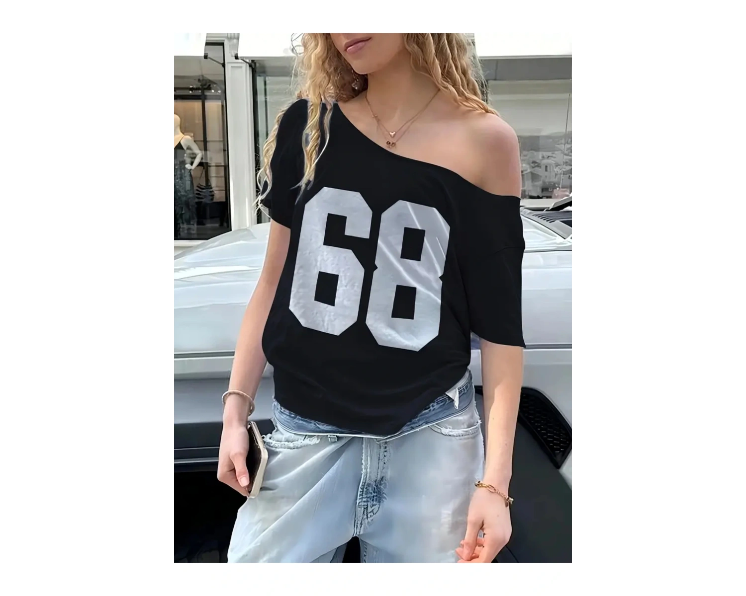 Kadın Düşük Omuz Kayık Yaka 68 Baskılı