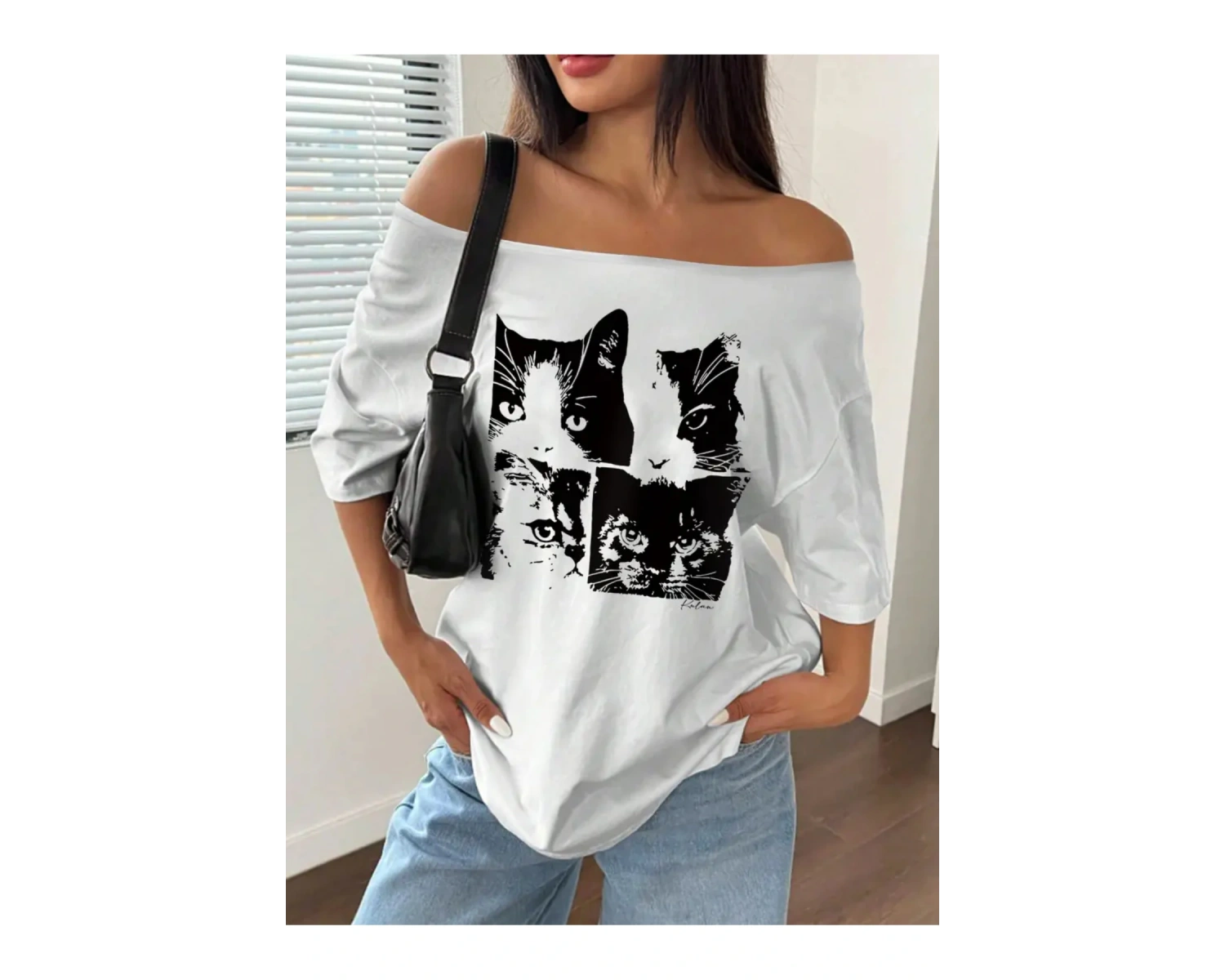 Kadın Düşük Omuz Kayık Yaka Baskılı