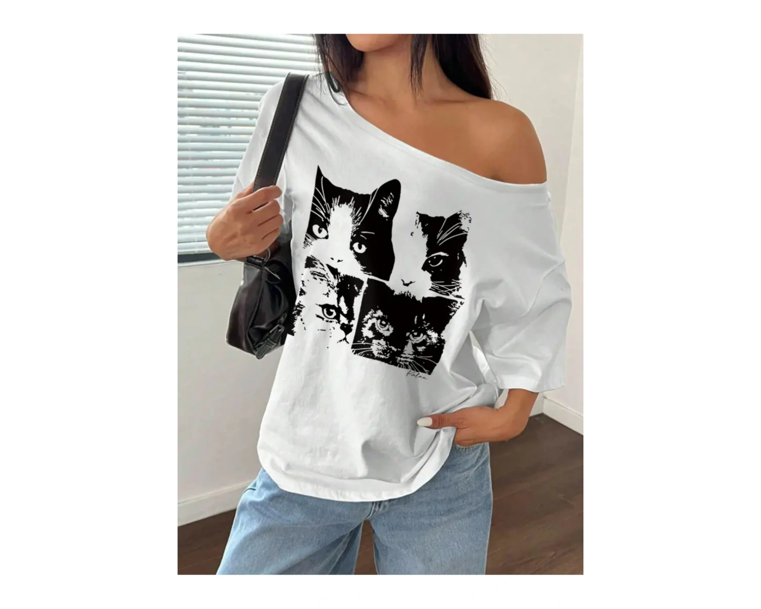 Kadın Düşük Omuz Kayık Yaka Baskılı