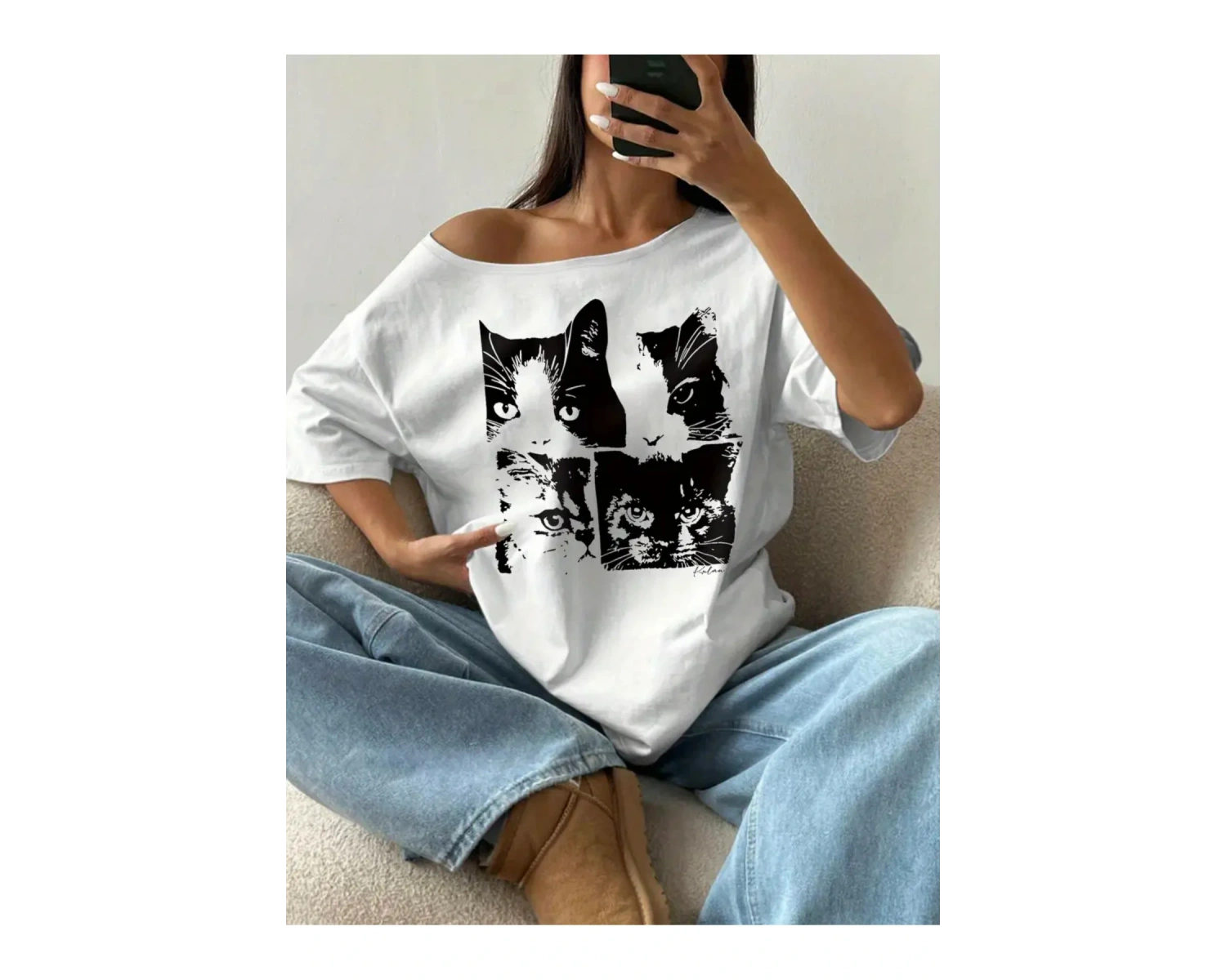 Kadın Düşük Omuz Kayık Yaka Baskılı