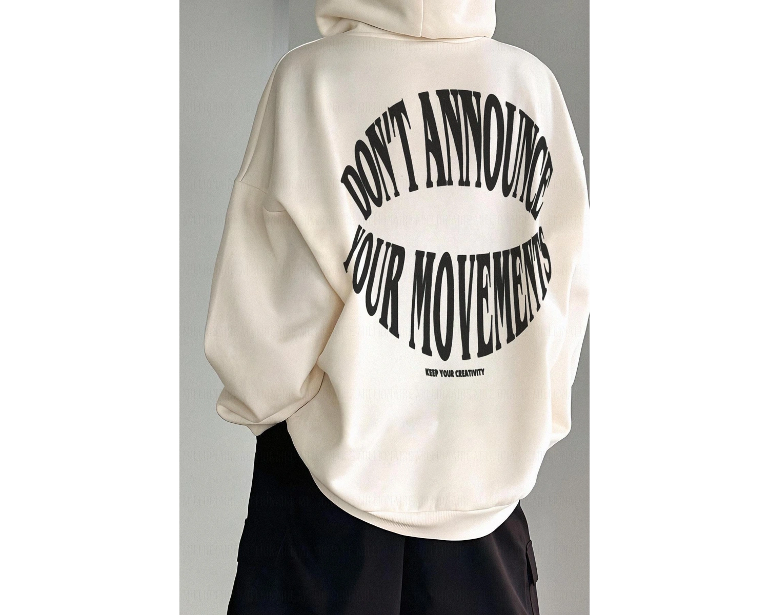 Kadın Ekru Dont Announce Baskılı 3 iplik Şardonlu Kapüşonlu Oversize Salaş Bol Ke Beyaz