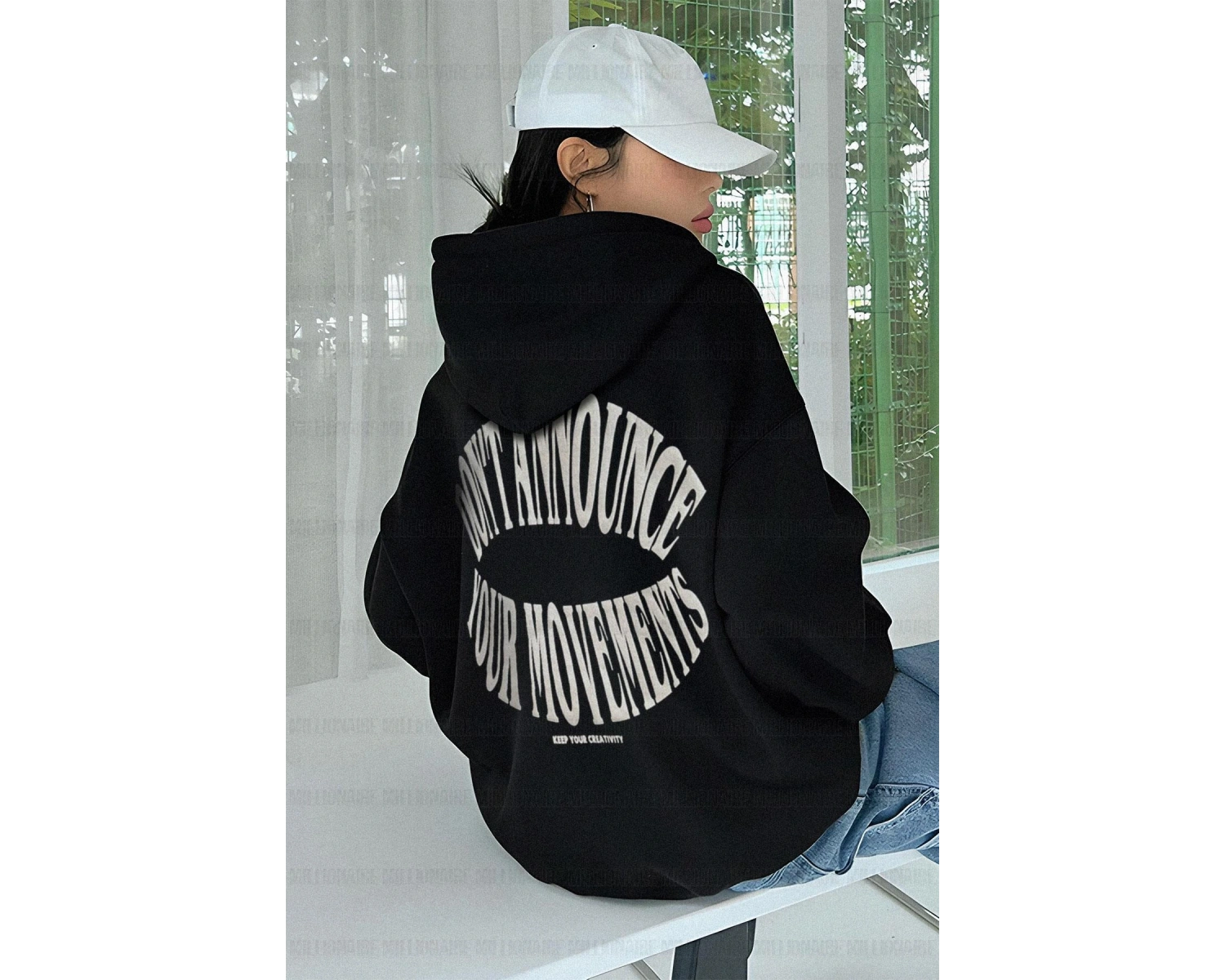 Kadın Ekru Dont Announce Baskılı 3 iplik Şardonlu Kapüşonlu Oversize Salaş Bol Ke Beyaz