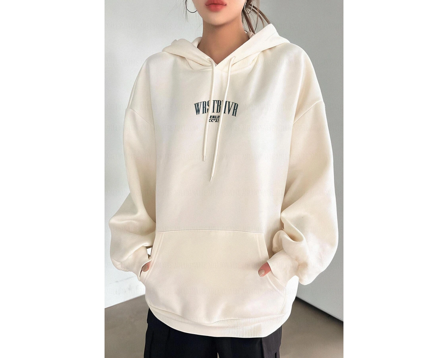 Kadın Ekru Dont Announce Baskılı 3 iplik Şardonlu Kapüşonlu Oversize Salaş Bol Ke Beyaz