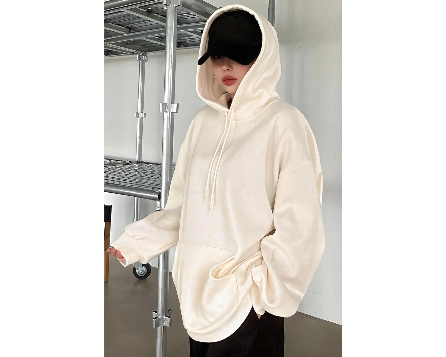 Kadın Ekru Düz Kapüşonlu Oversize 3 iplik Şardonlu Salaş Bol Kesim Hoodie Sweatsh Beyaz