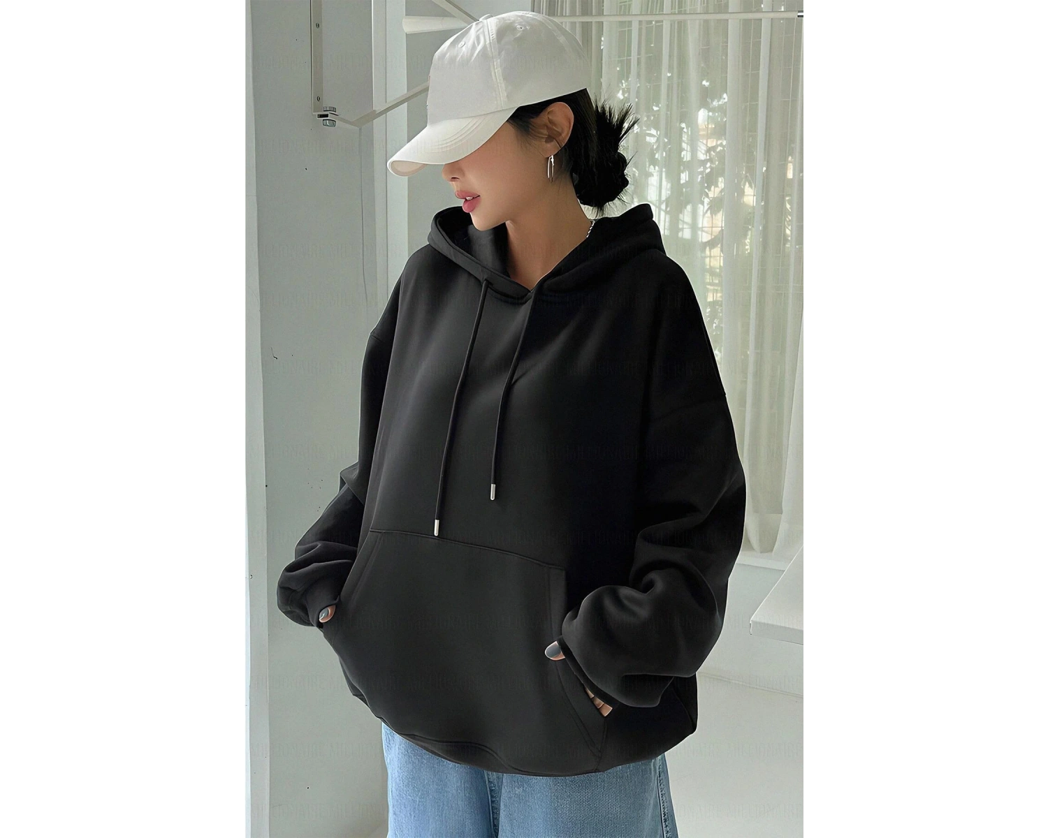 Kadın Ekru Düz Kapüşonlu Oversize 3 iplik Şardonlu Salaş Bol Kesim Hoodie Sweatsh Beyaz