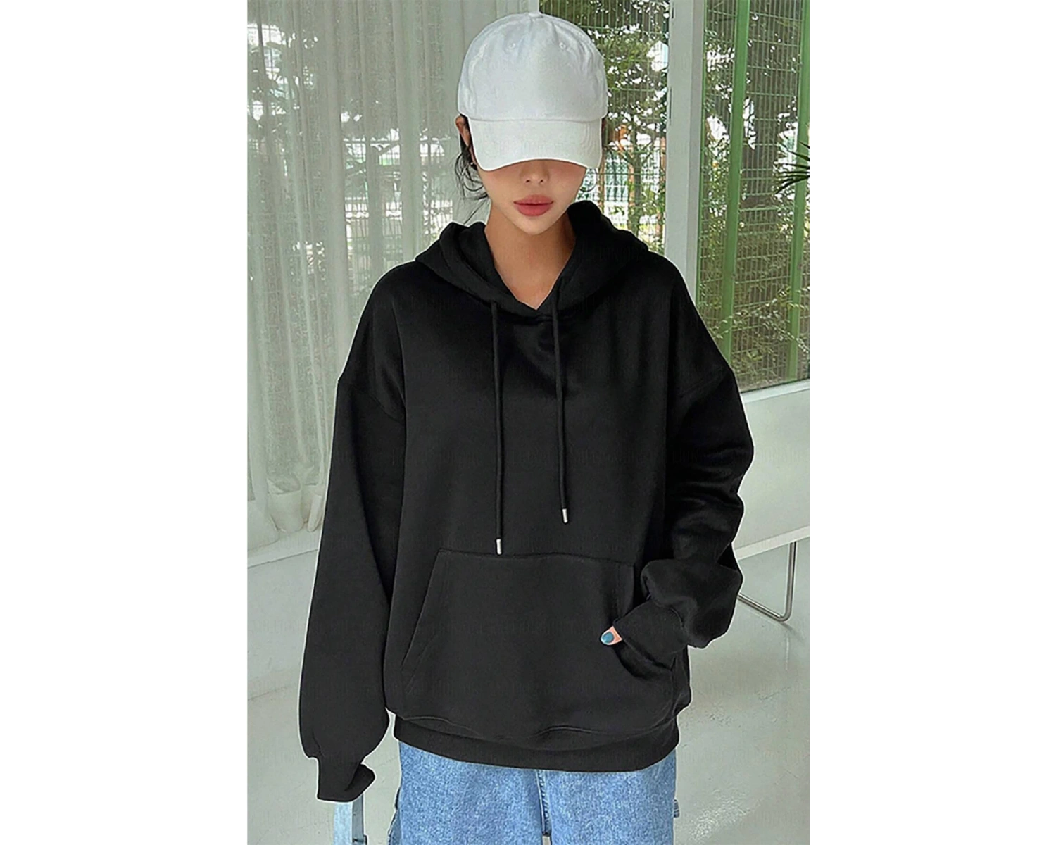 Kadın Ekru Düz Kapüşonlu Oversize 3 iplik Şardonlu Salaş Bol Kesim Hoodie Sweatsh Beyaz