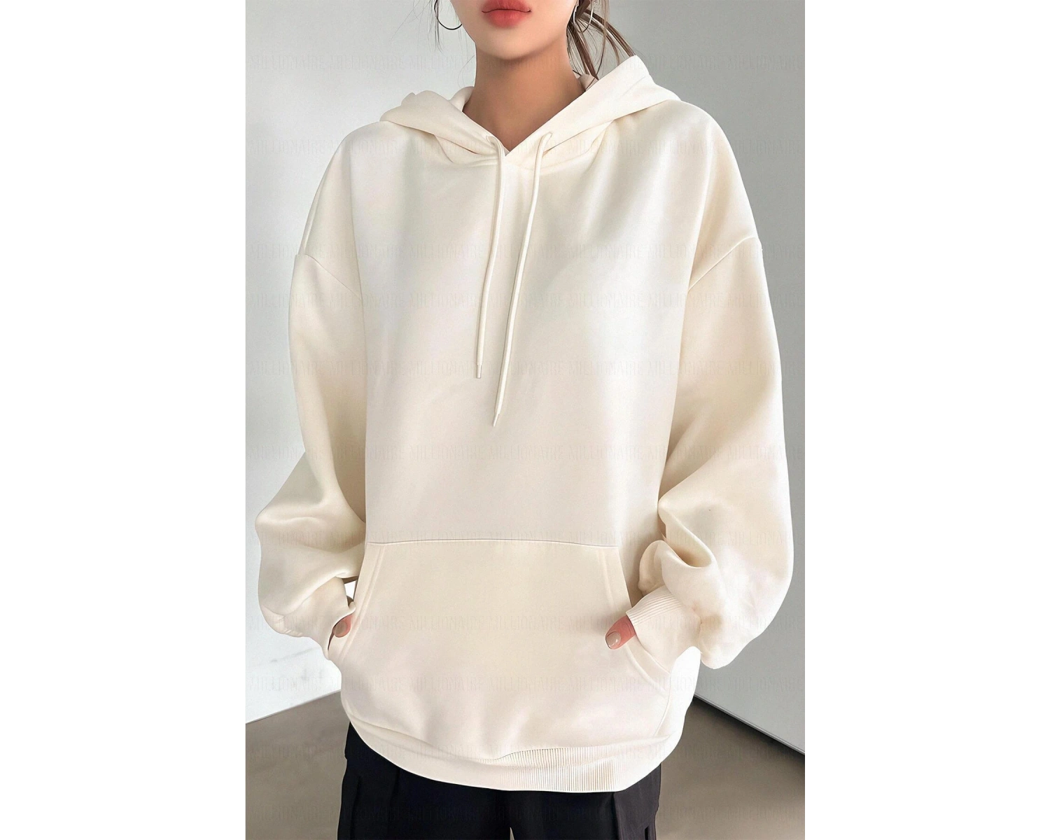 Kadın Ekru Düz Kapüşonlu Oversize 3 iplik Şardonlu Salaş Bol Kesim Hoodie Sweatsh Beyaz