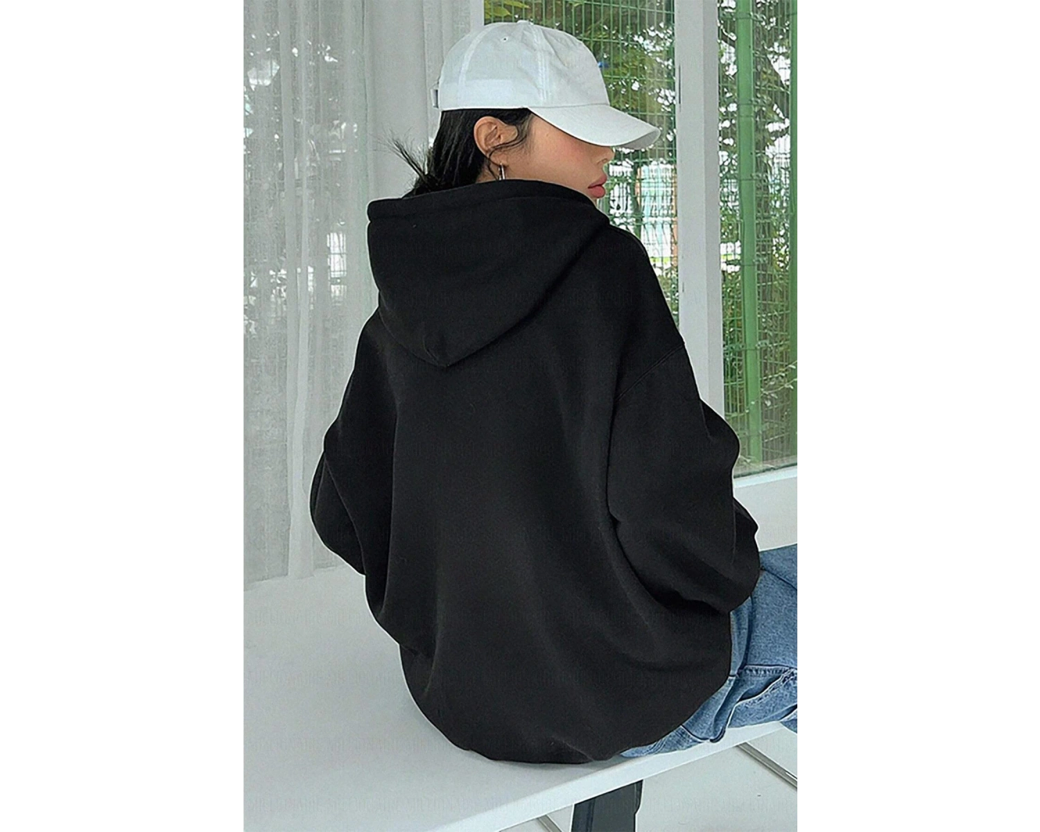 Kadın Ekru Düz Kapüşonlu Oversize 3 iplik Şardonlu Salaş Bol Kesim Hoodie Sweatsh Beyaz