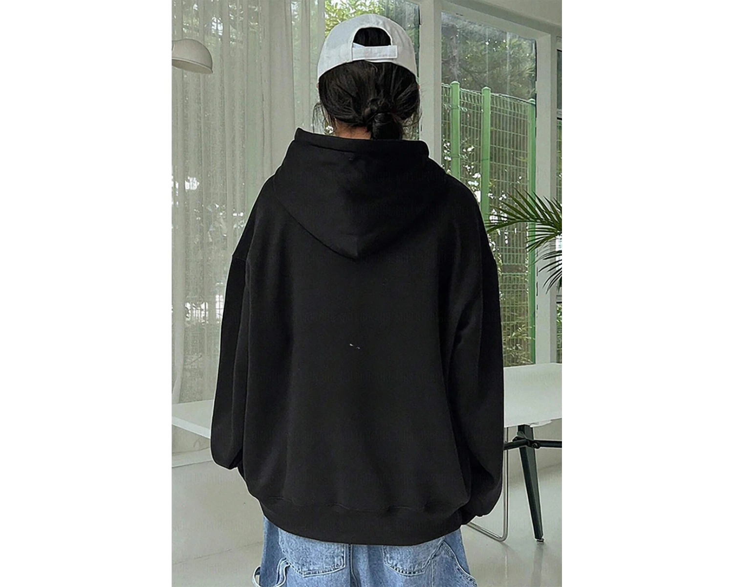 Kadın Ekru Düz Kapüşonlu Oversize 3 iplik Şardonlu Salaş Bol Kesim Hoodie Sweatsh Beyaz