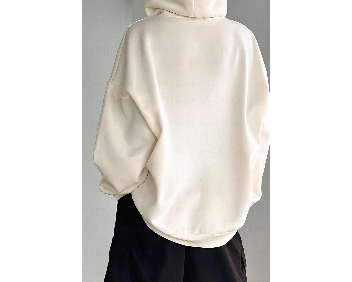 Kadın Ekru Düz Kapüşonlu Oversize 3 iplik Şardonlu Salaş Bol Kesim Hoodie Sweatsh Beyaz