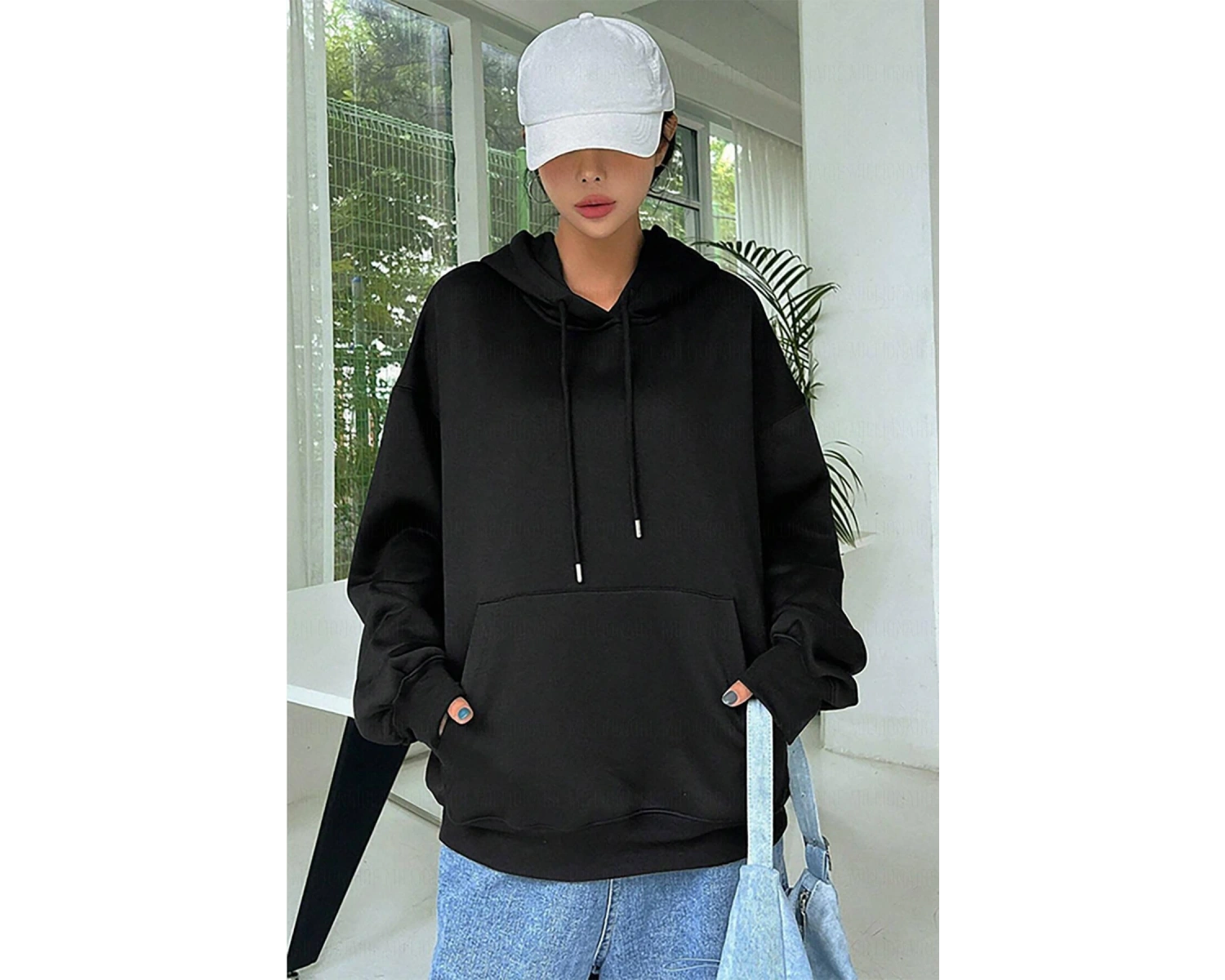 Kadın Ekru Düz Kapüşonlu Oversize 3 iplik Şardonlu Salaş Bol Kesim Hoodie Sweatsh Beyaz