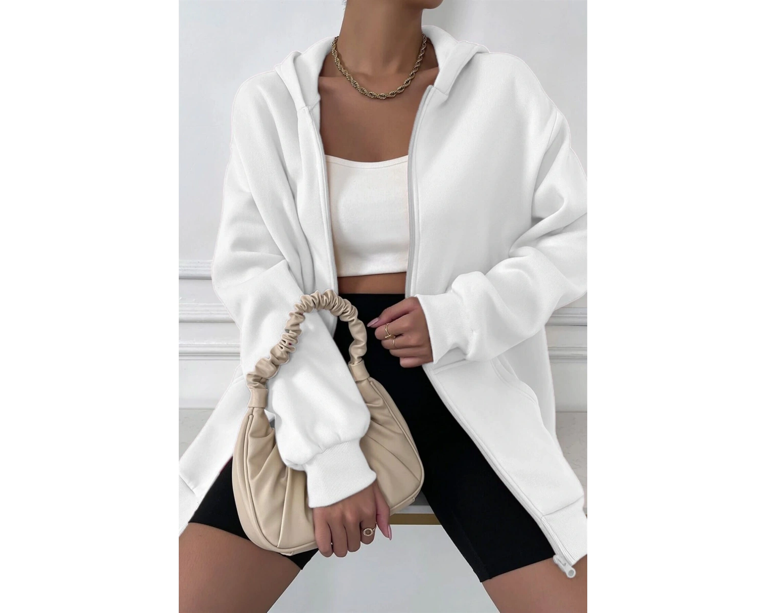 Kadin Ekru Kapüşonlu Fermuarlı 3 Üç Iplik Polar Kanguru Oversize Salaş Sweatshirt Beyaz