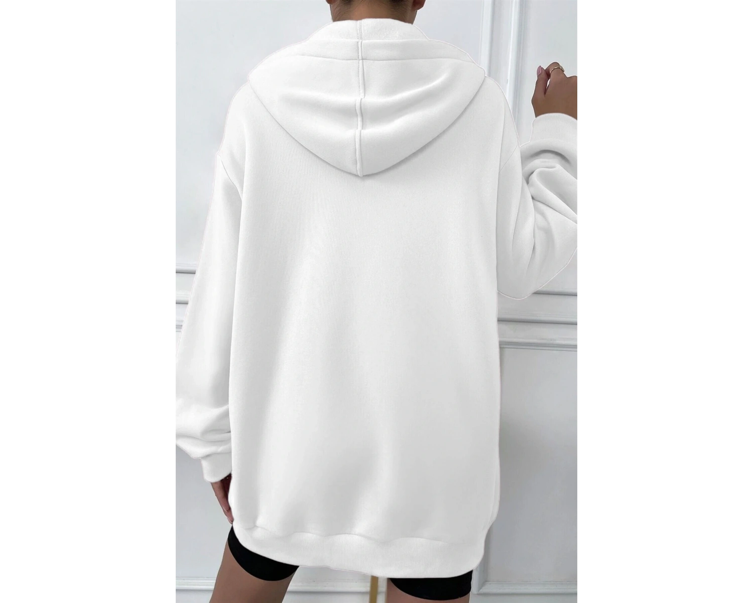 Kadin Ekru Kapüşonlu Fermuarlı 3 Üç Iplik Polar Kanguru Oversize Salaş Sweatshirt Beyaz