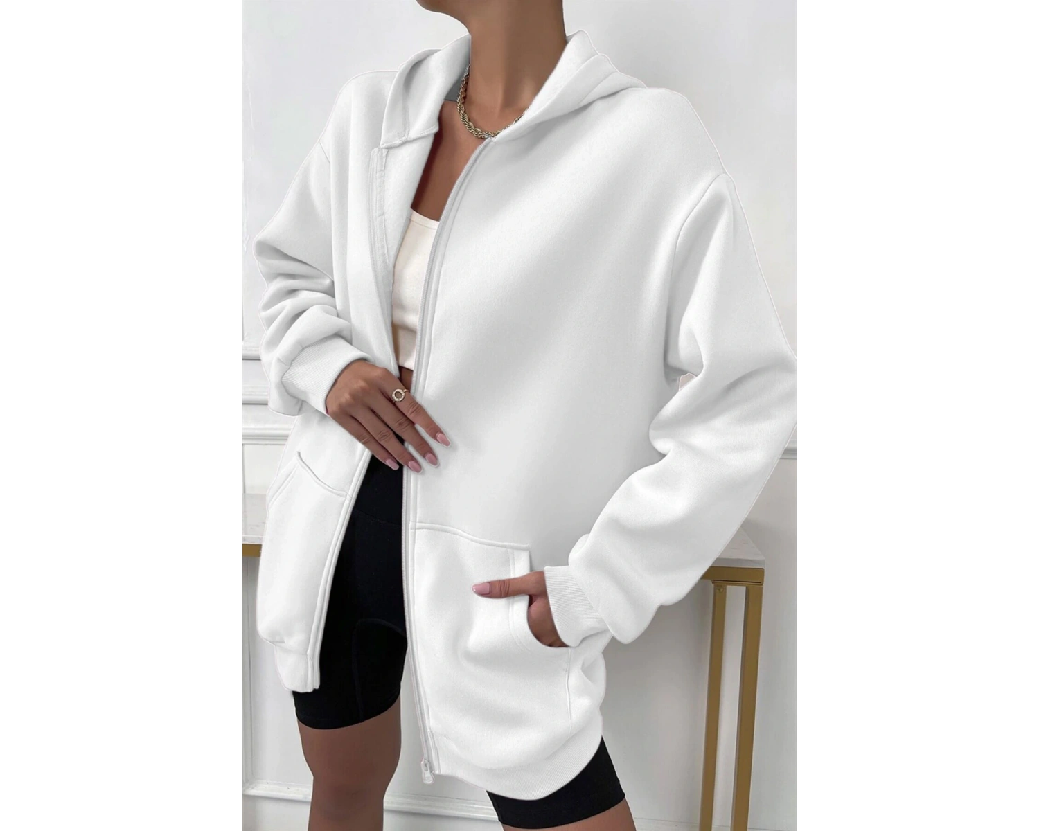 Kadin Ekru Kapüşonlu Fermuarlı 3 Üç Iplik Polar Kanguru Oversize Salaş Sweatshirt Beyaz