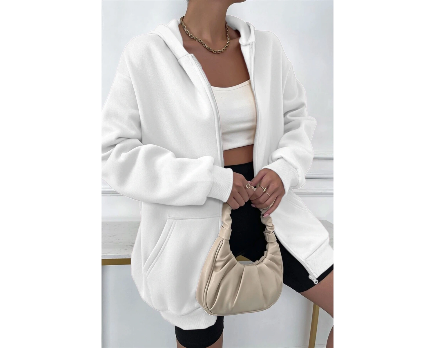 Kadin Ekru Kapüşonlu Fermuarlı 3 Üç Iplik Polar Kanguru Oversize Salaş Sweatshirt Beyaz