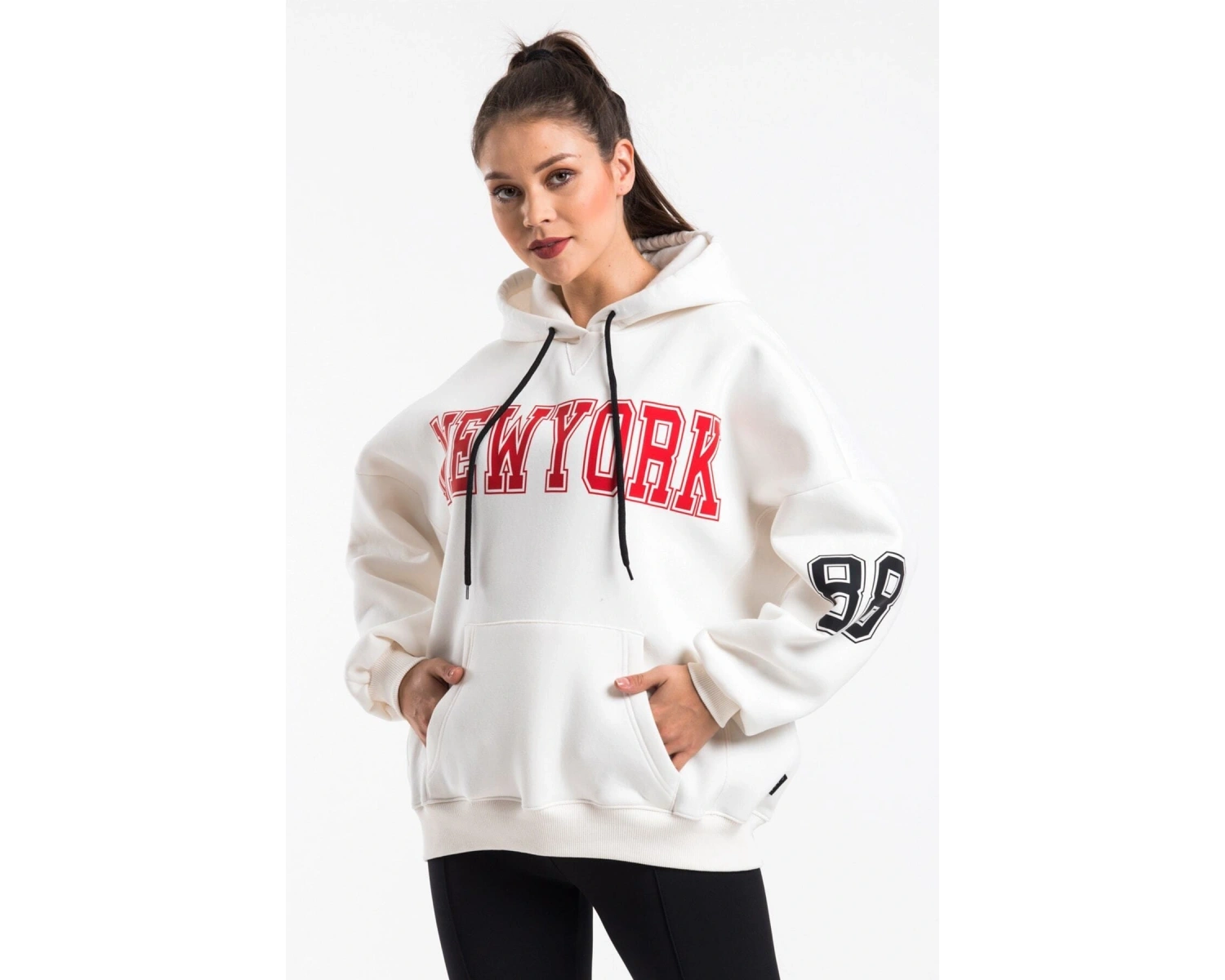 Kadın Ekru Renk Baskı Detaylı Oversize Sweatshirt Cy84191 Beyaz