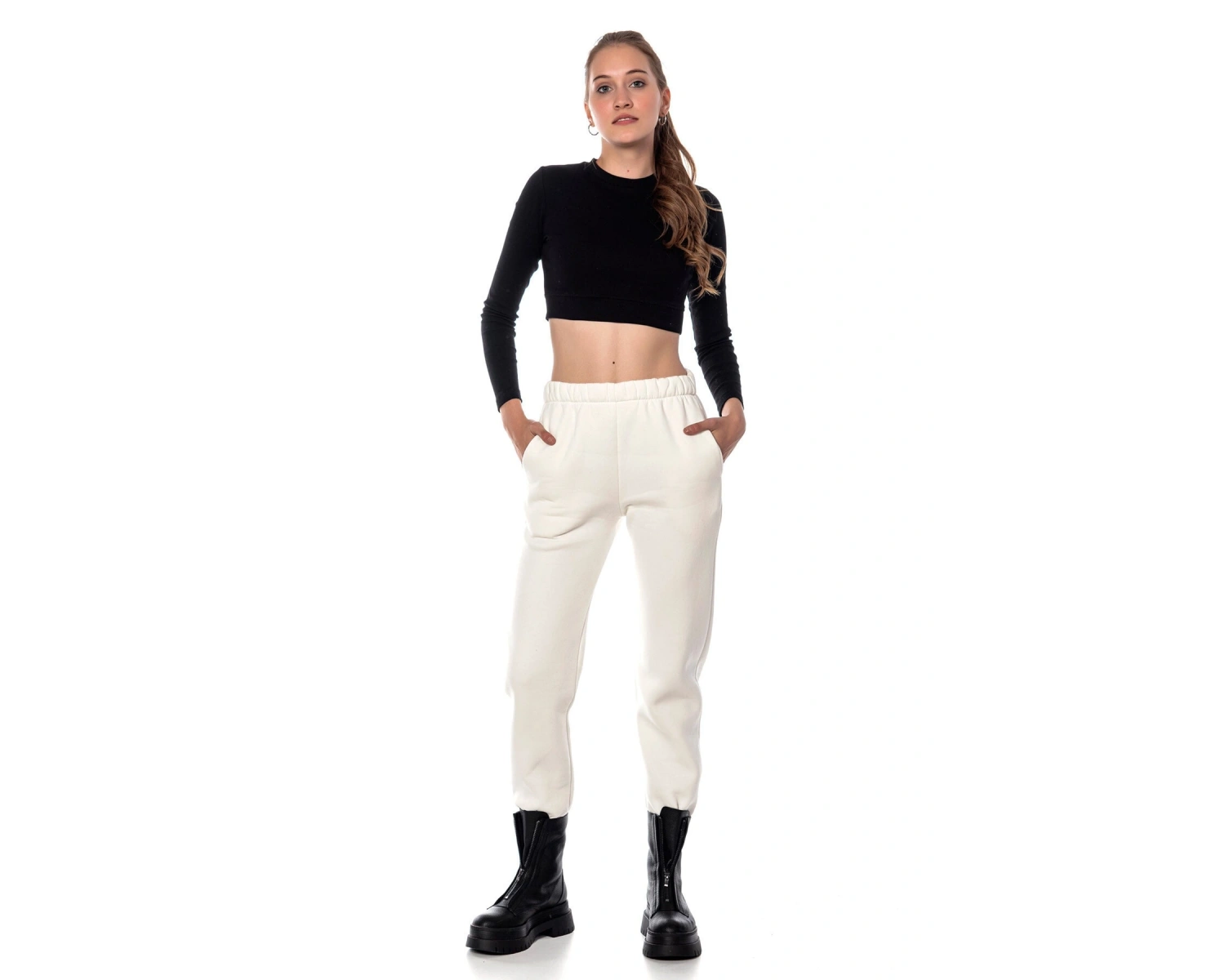 Kadın Ekru Renk Elastik Paça Örme Jogger Eşofman Altı Cy84200