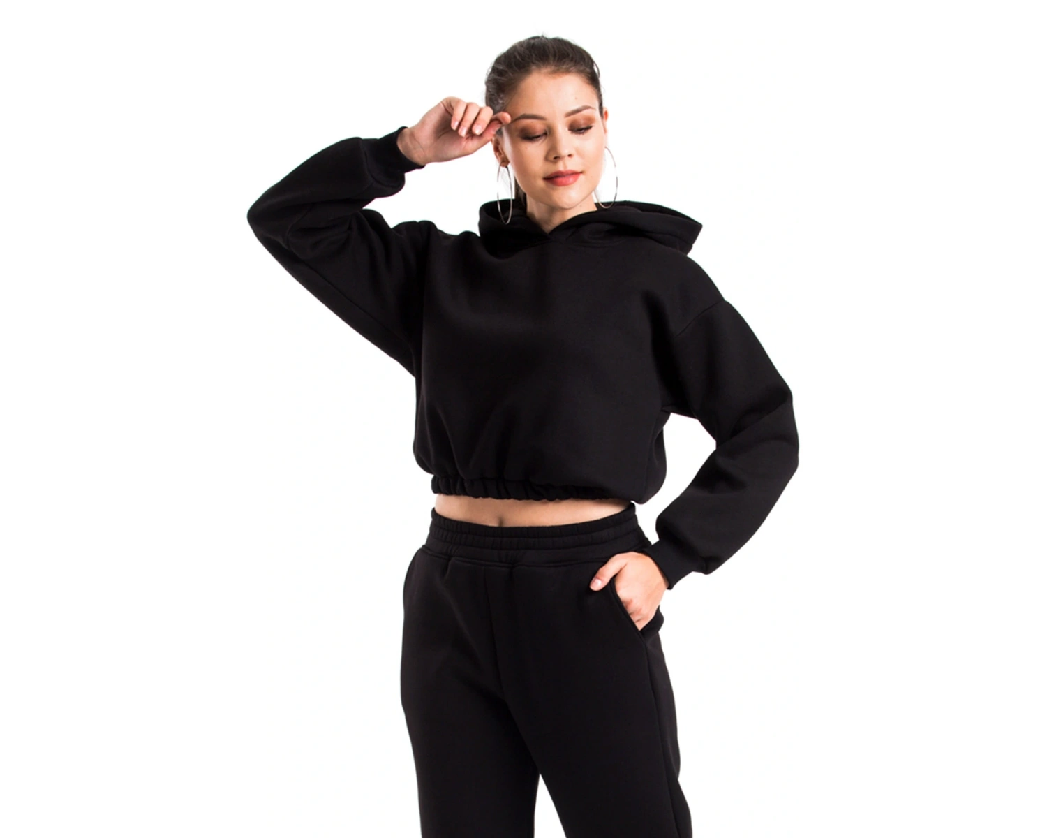Kadın Ekru Renk Kapüşonlu Crop Kesim Sweatshirt Cy84196 Beyaz
