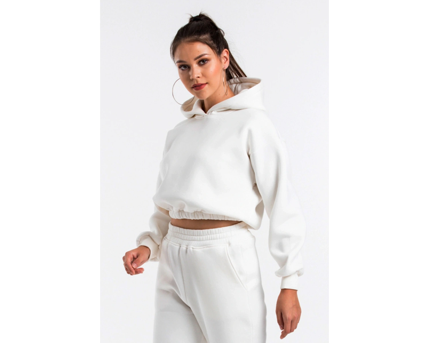 Kadın Ekru Renk Kapüşonlu Crop Kesim Sweatshirt Cy84196 Beyaz