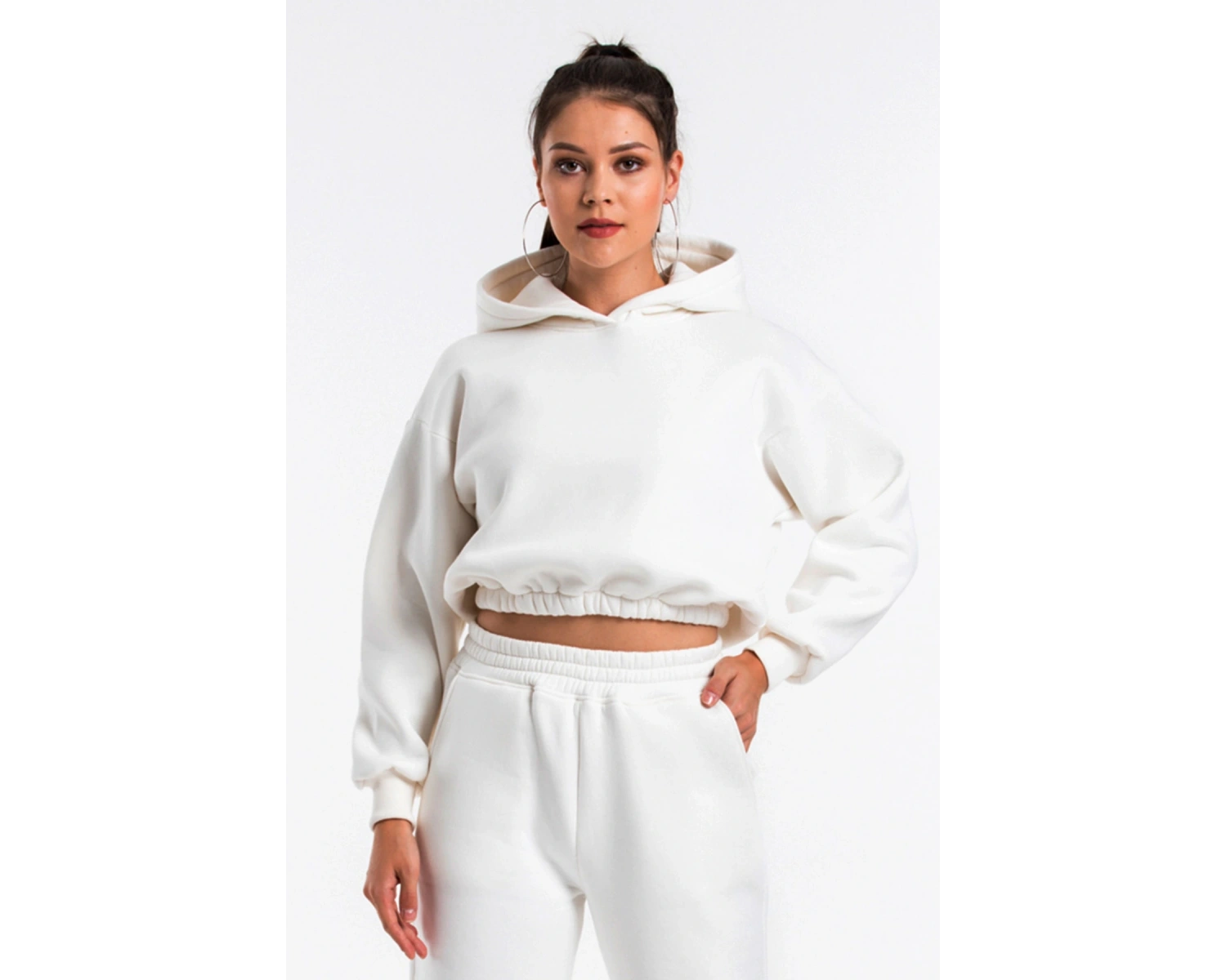 Kadın Ekru Renk Kapüşonlu Crop Kesim Sweatshirt Cy84196 Beyaz