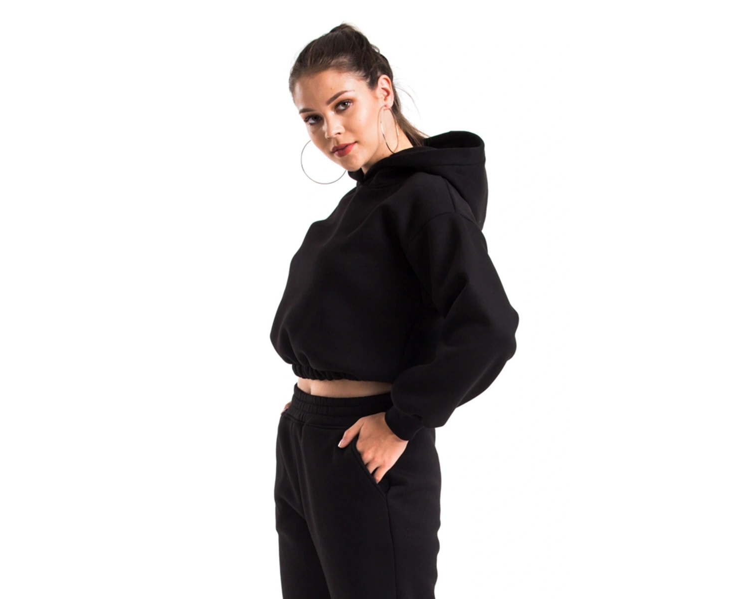 Kadın Ekru Renk Kapüşonlu Crop Kesim Sweatshirt Cy84196 Beyaz