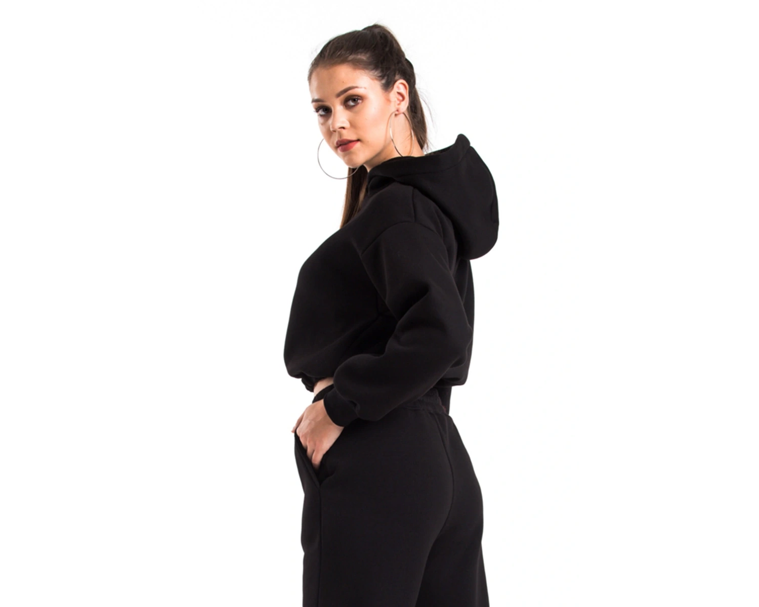 Kadın Ekru Renk Kapüşonlu Crop Kesim Sweatshirt Cy84196 Beyaz