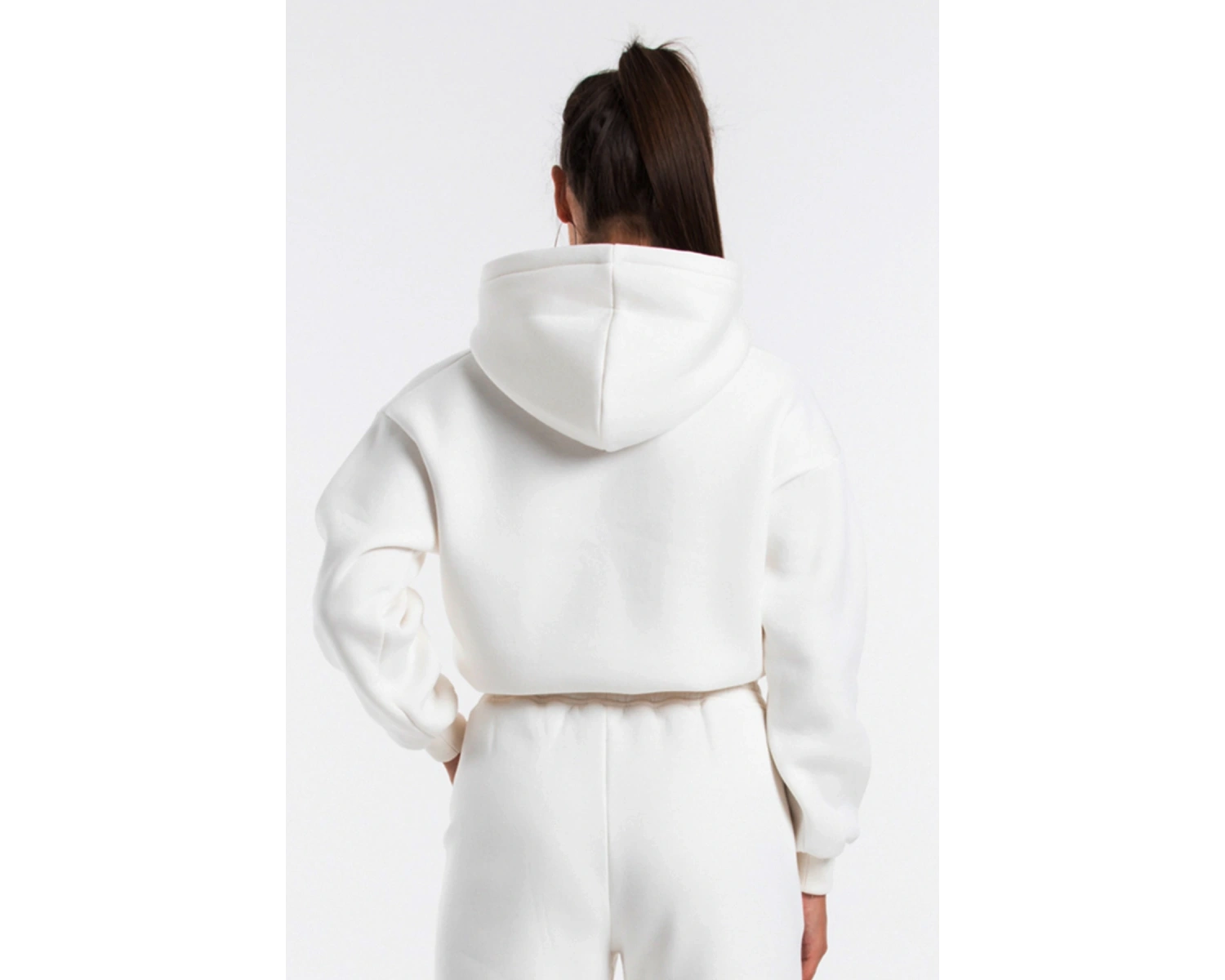 Kadın Ekru Renk Kapüşonlu Crop Kesim Sweatshirt Cy84196 Beyaz