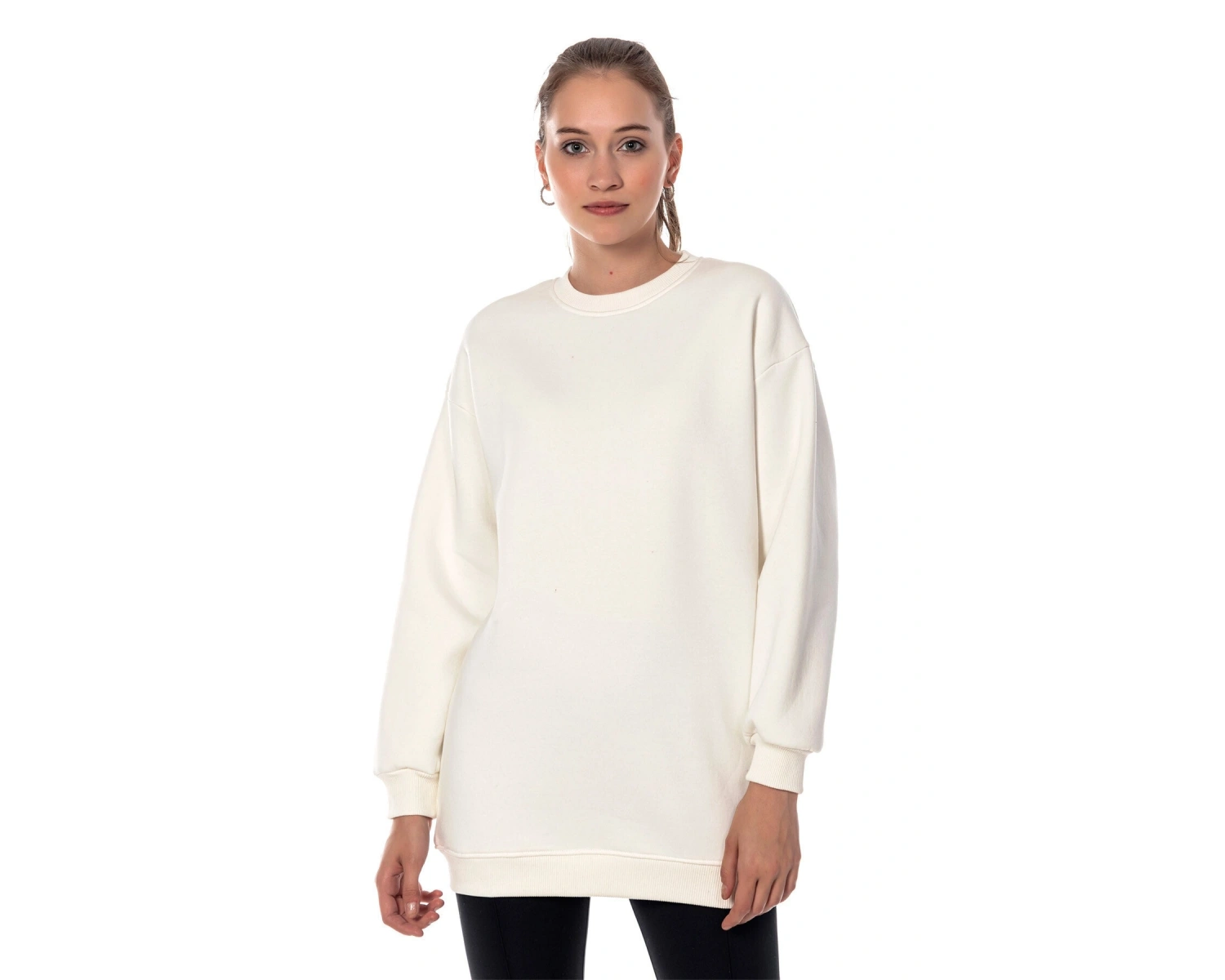 Kadın Ekru Renk Uzun Kesim Basic Örme Sweatshirt Cy84197 Beyaz