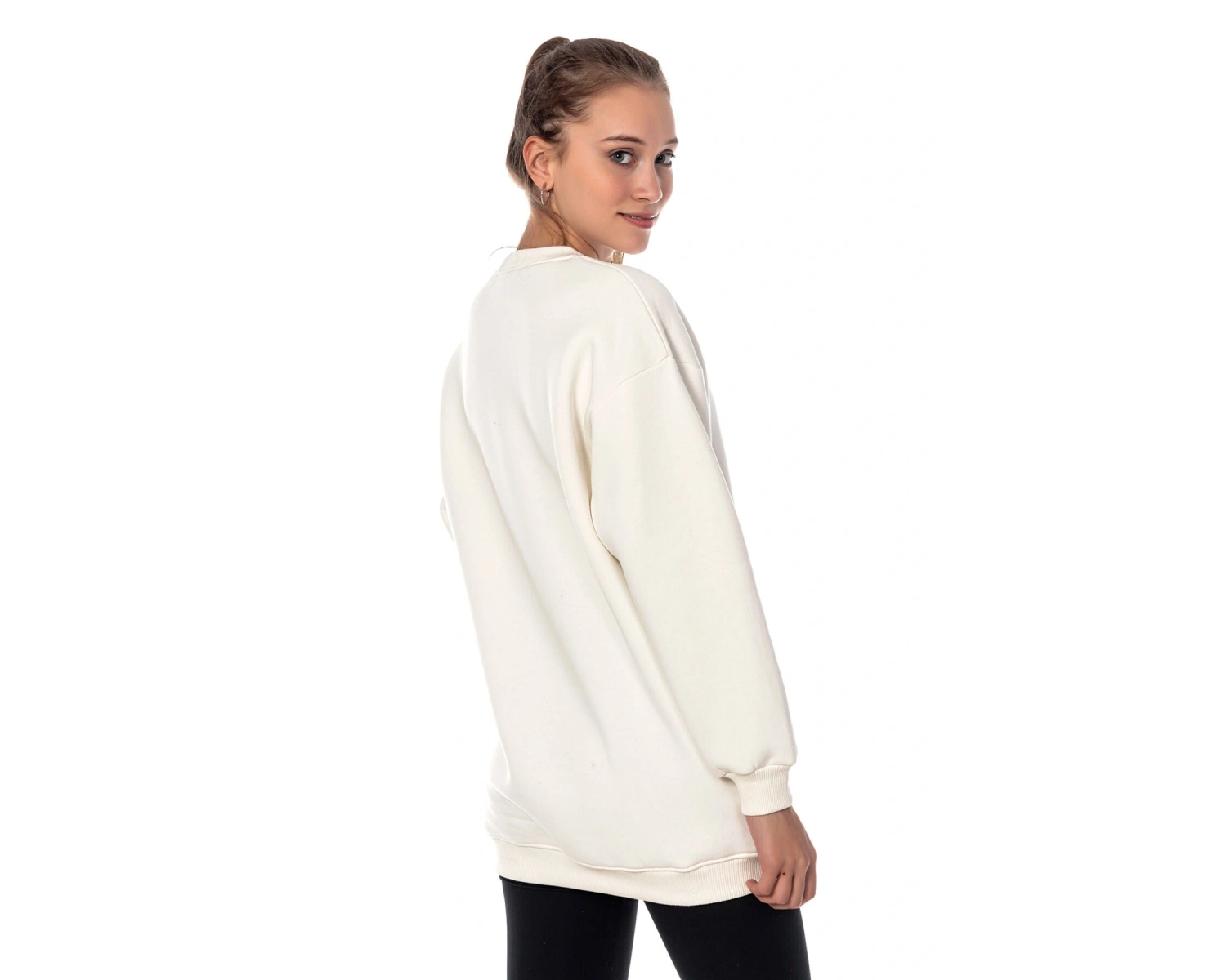 Kadın Ekru Renk Uzun Kesim Basic Örme Sweatshirt Cy84197 Beyaz