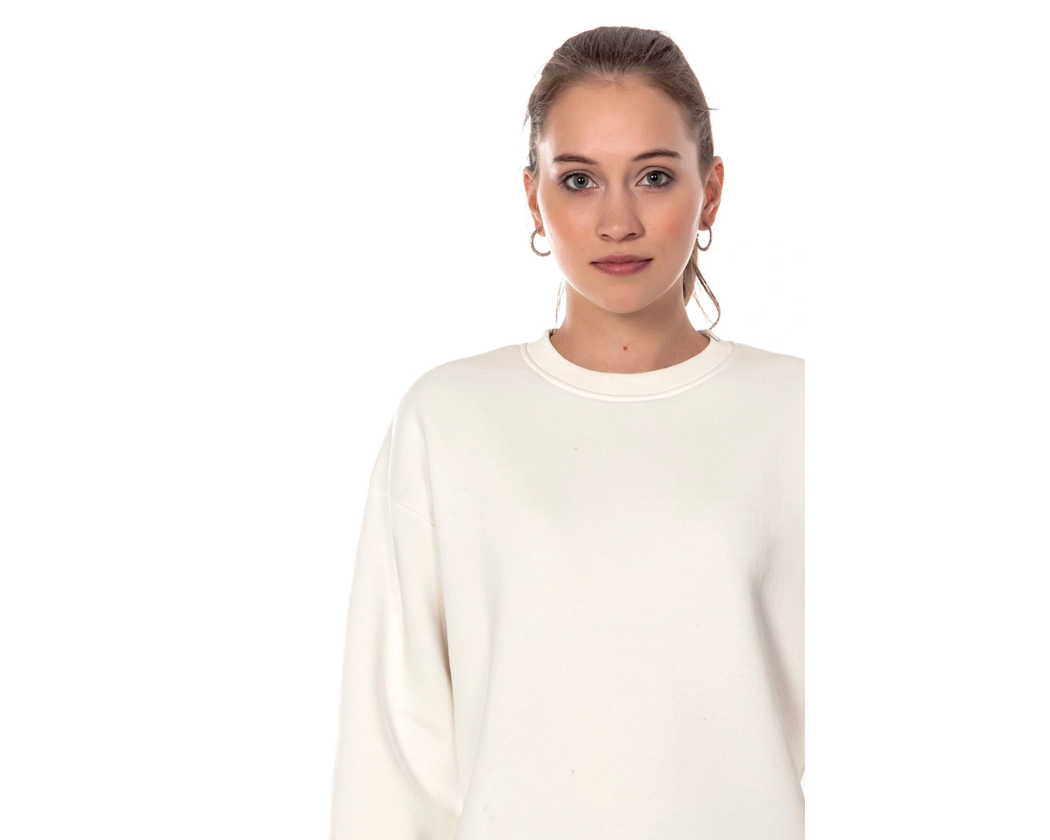 Kadın Ekru Renk Uzun Kesim Basic Örme Sweatshirt Cy84197 Beyaz