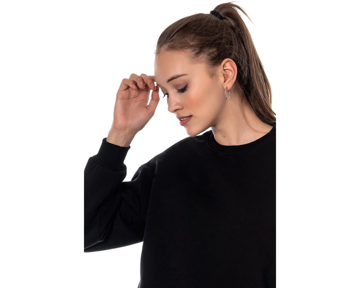 Kadın Ekru Renk Uzun Kesim Basic Örme Sweatshirt Cy84197 Beyaz