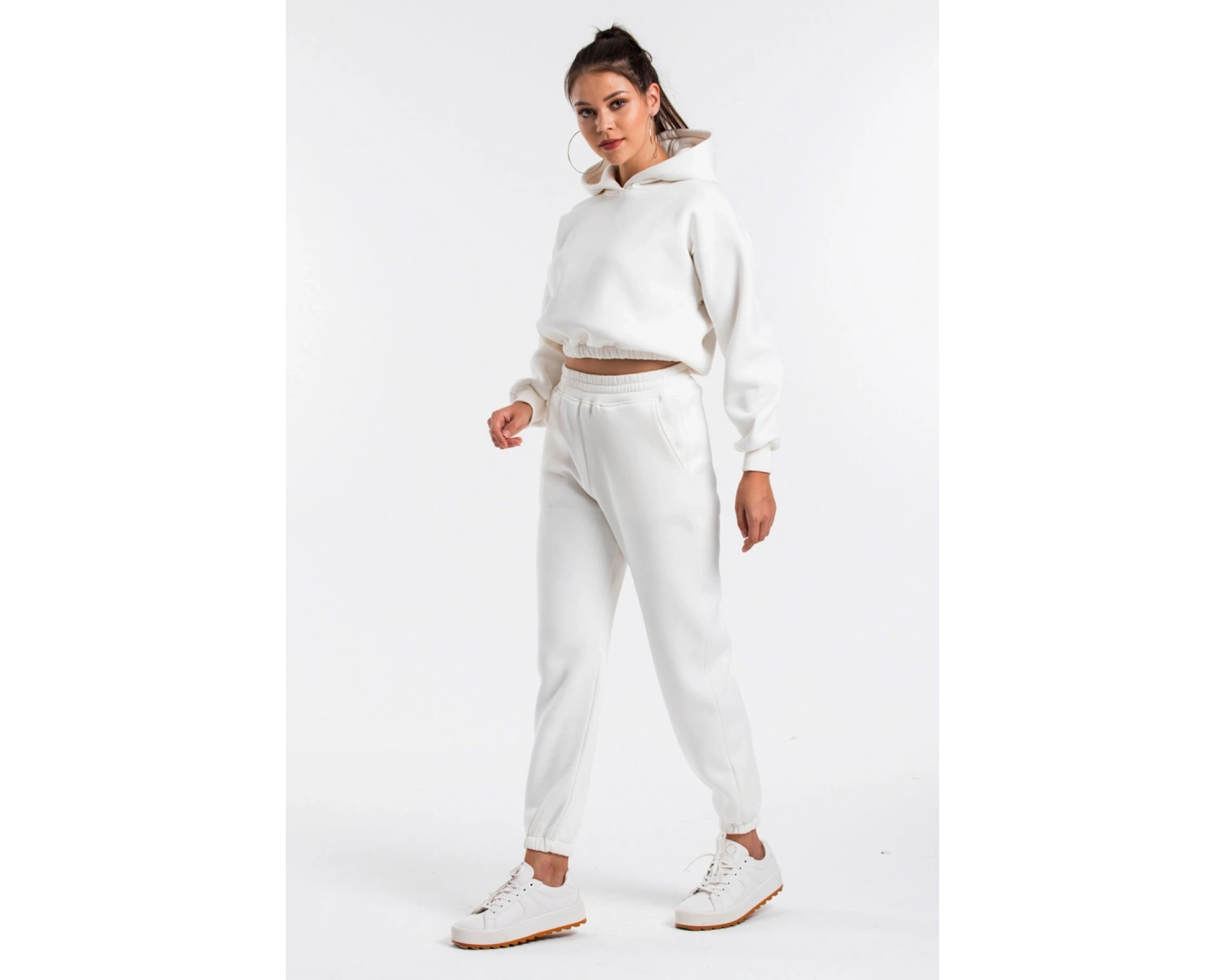Kadın Ekru Renk Yüksek Bel Jogger Eşofman Takımı Cy84156