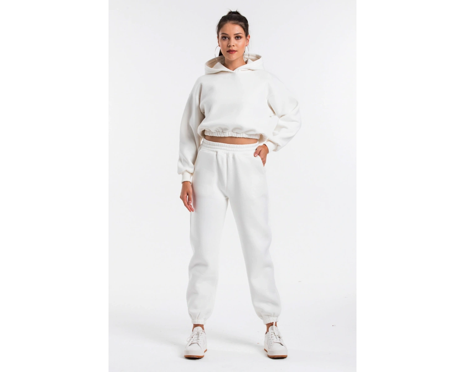 Kadın Ekru Renk Yüksek Bel Jogger Eşofman Takımı Cy84156