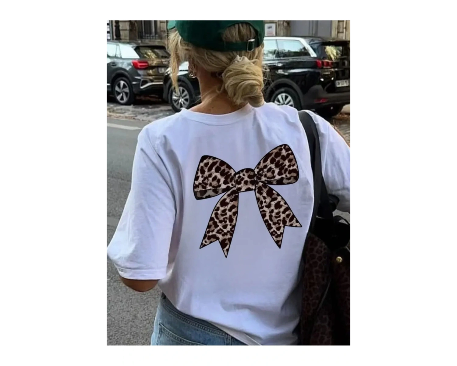 Kadın Fiyonk Leopar Baskılı Beyaz Siyah T-shirt Oversize